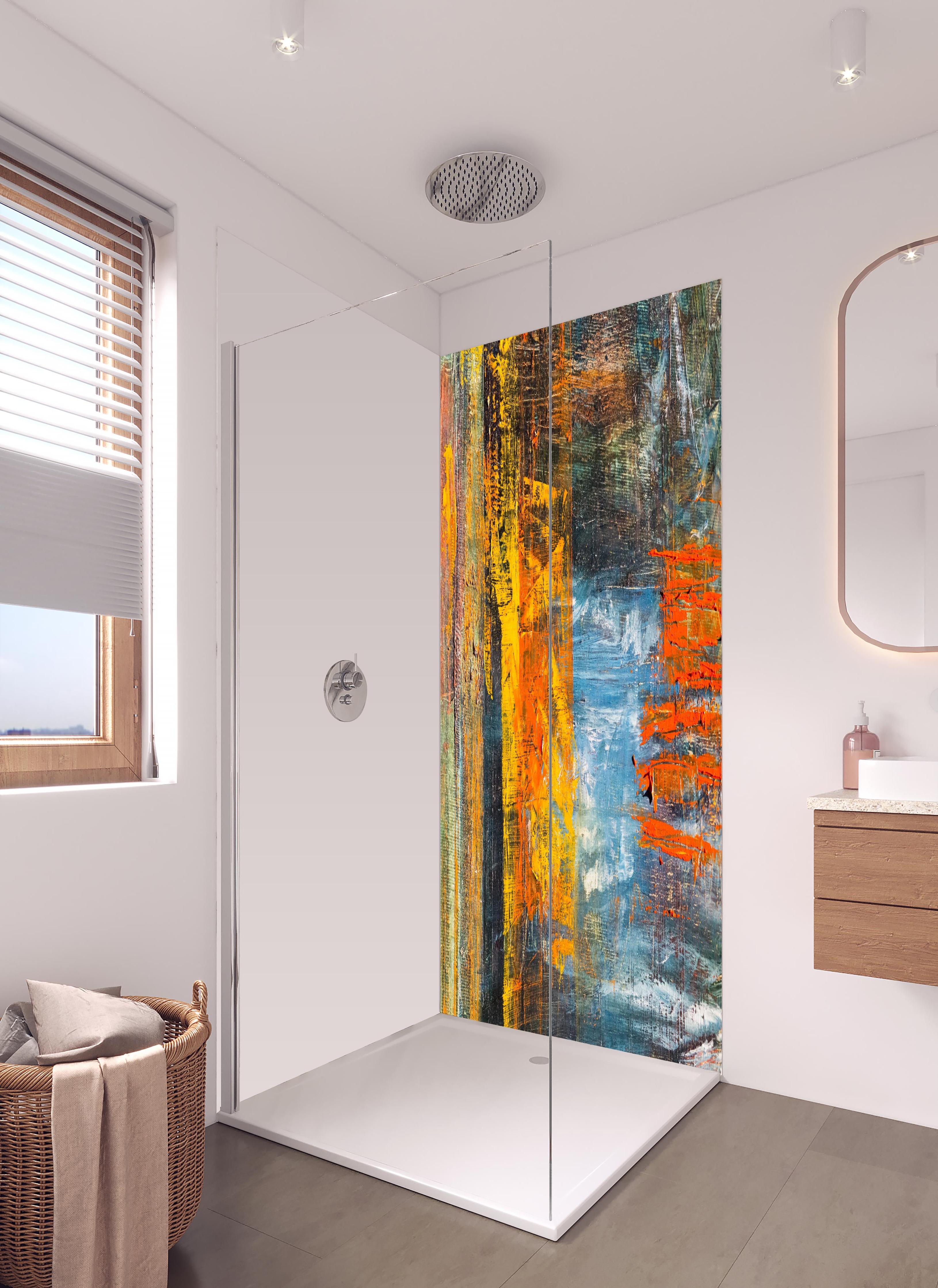 Duschrückwand - Kunst Malerei - Vintage in hellem Badezimmer mit Regenduschkopf - zweiteilige Eck-Duschrückwand