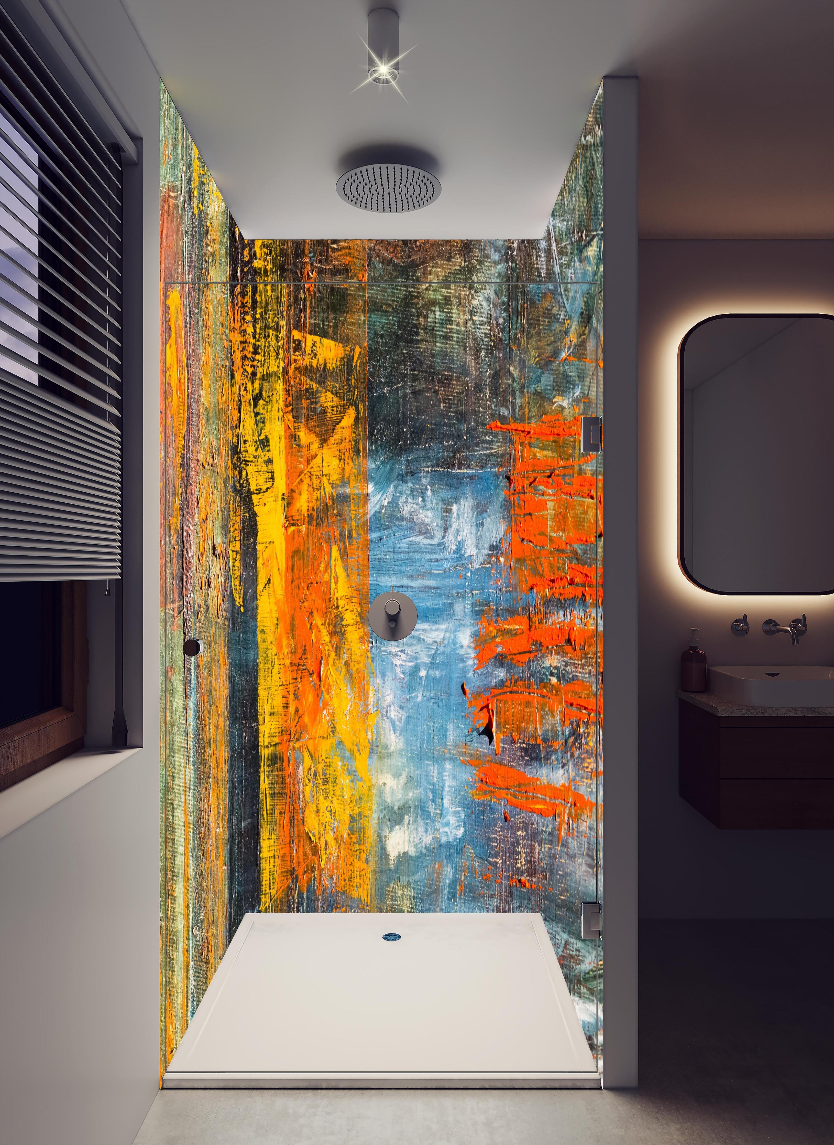 Duschrückwand - Kunst Malerei - Vintage in hellem Badezimmer mit Regenduschkopf - zweiteilige Eck-Duschrückwand