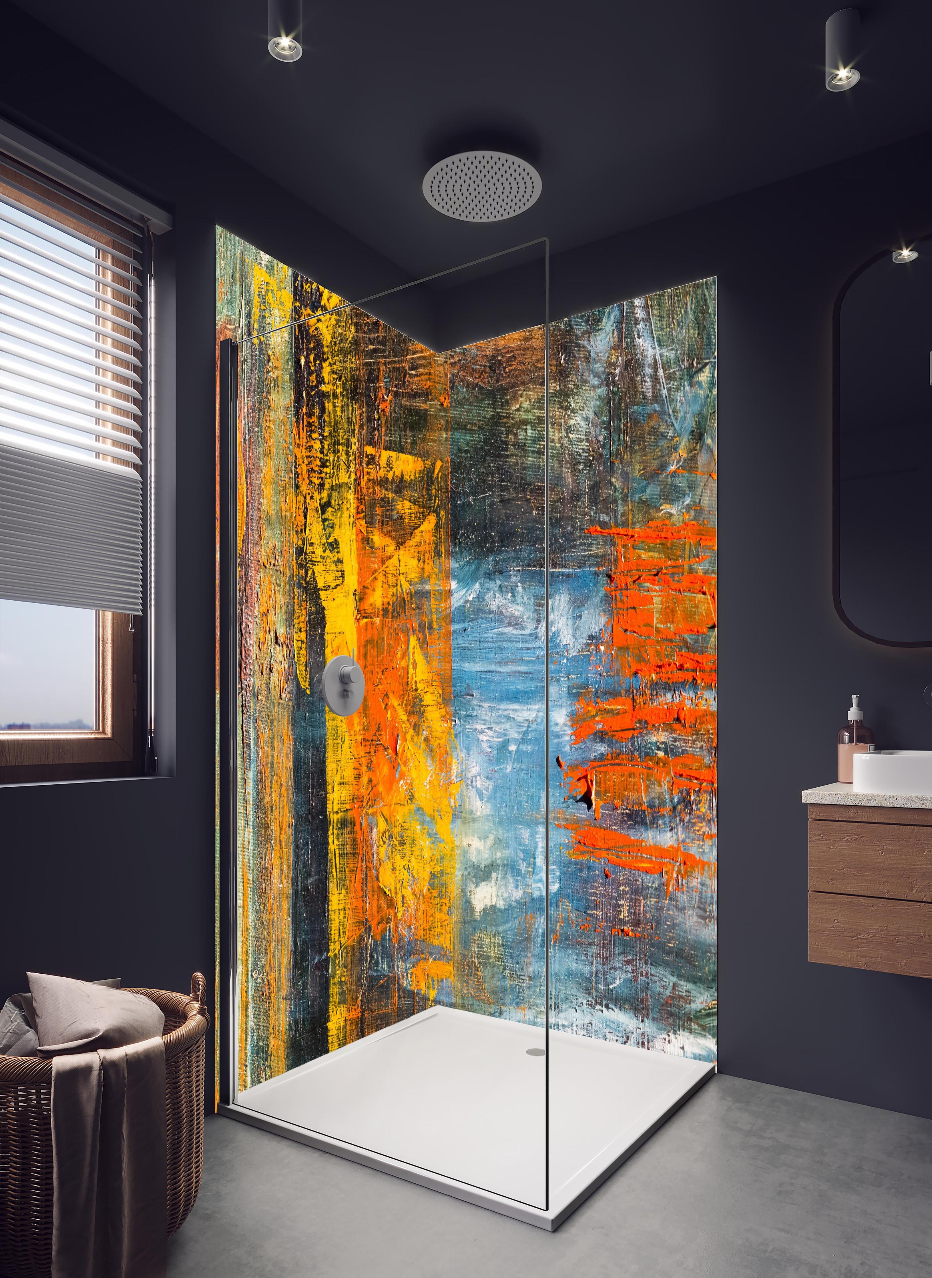 Duschrückwand - Kunst Malerei - Vintage in hellem Badezimmer mit Regenduschkopf - zweiteilige Eck-Duschrückwand