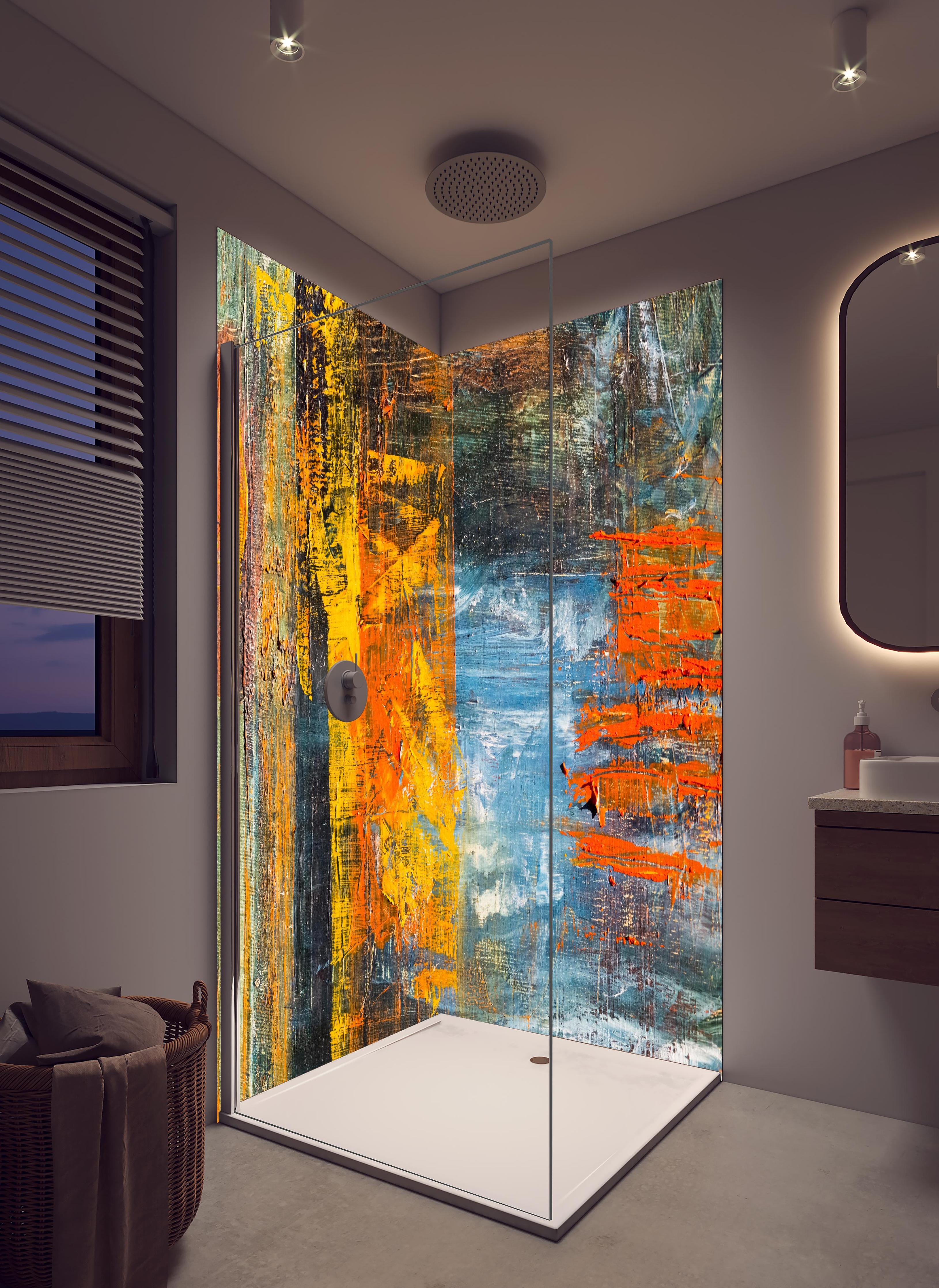 Duschrückwand - Kunst Malerei - Vintage in hellem Badezimmer mit Regenduschkopf - zweiteilige Eck-Duschrückwand