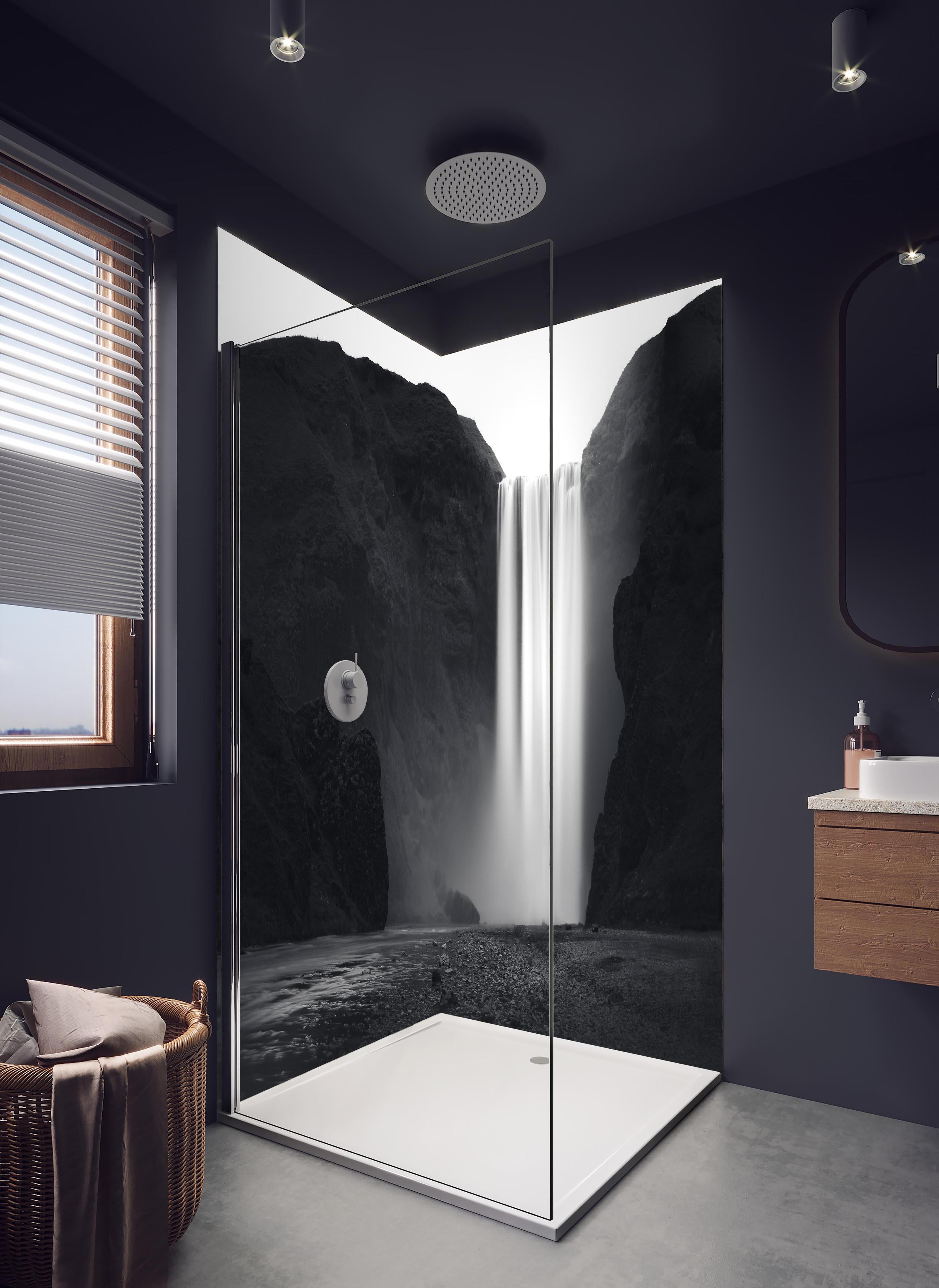 Duschrückwand - Kunstfotografie - Skogafoss Wasserfall, Island in hellem Badezimmer mit Regenduschkopf - zweiteilige Eck-Duschrückwand