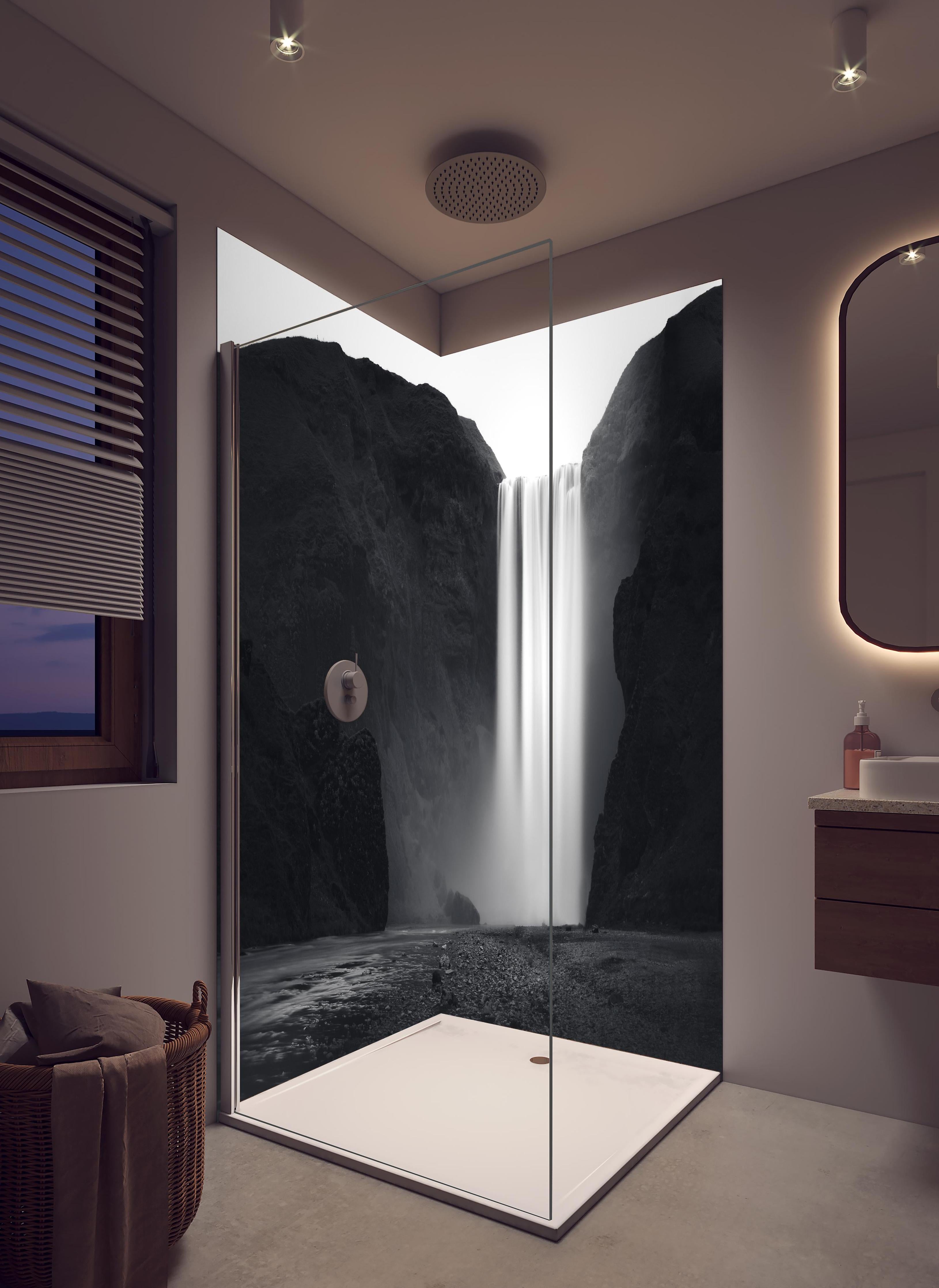 Duschrückwand - Kunstfotografie - Skogafoss Wasserfall, Island in hellem Badezimmer mit Regenduschkopf - zweiteilige Eck-Duschrückwand