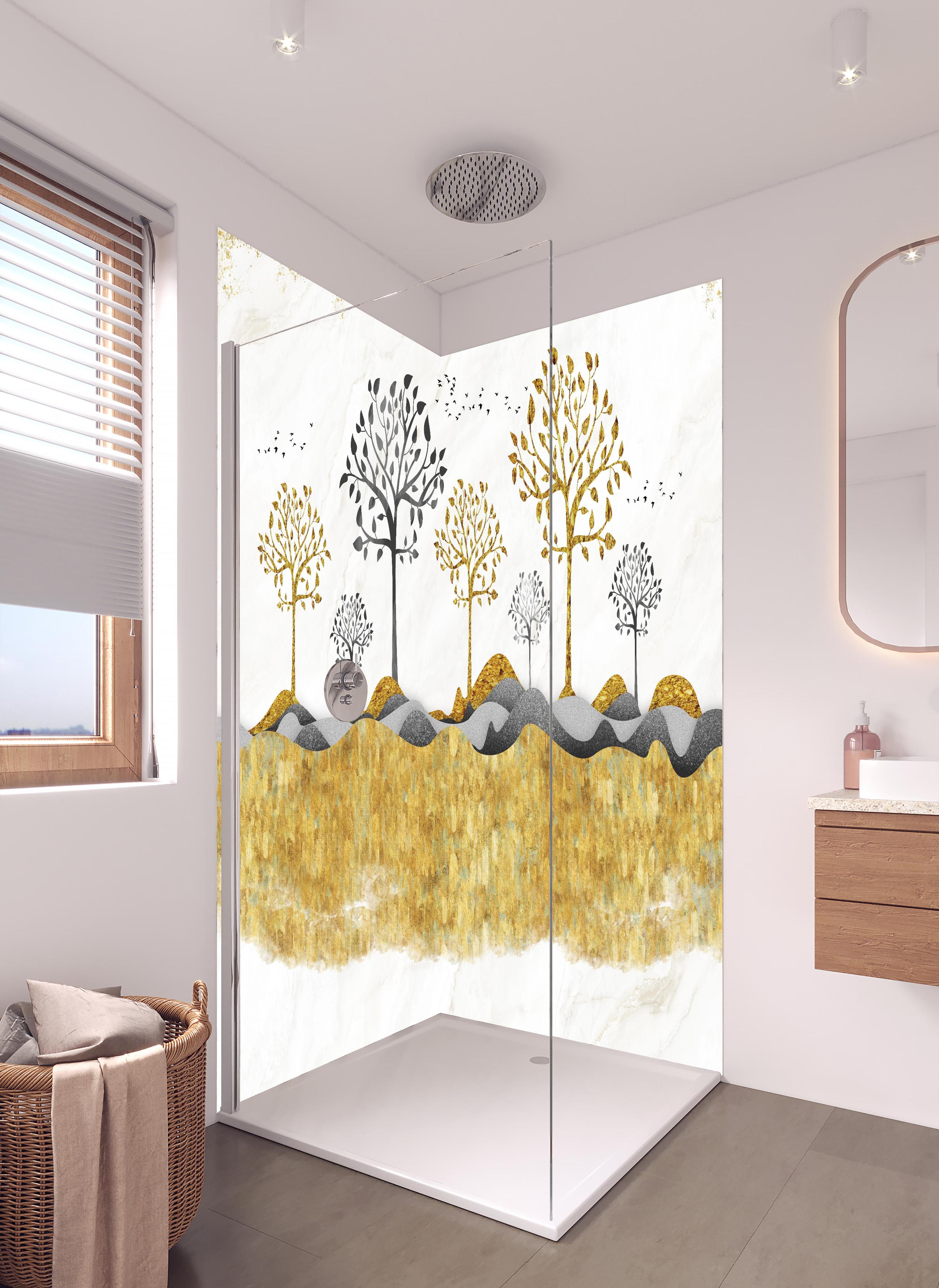 Duschrückwand - Kunsttapete einer Landschaft in hellem Badezimmer mit Regenduschkopf - zweiteilige Eck-Duschrückwand