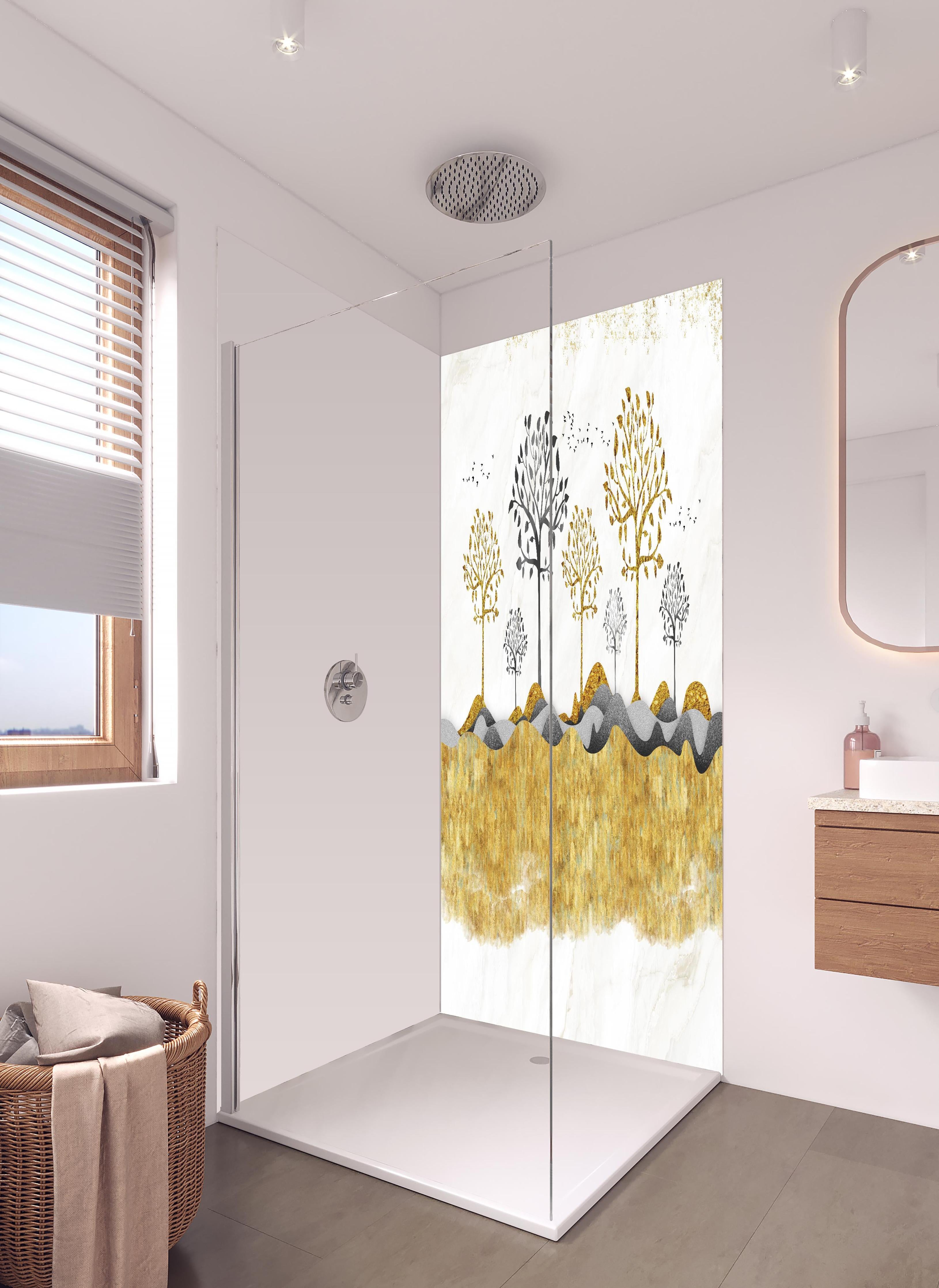 Duschrückwand - Kunsttapete einer Landschaft in hellem Badezimmer mit Regenduschkopf - zweiteilige Eck-Duschrückwand