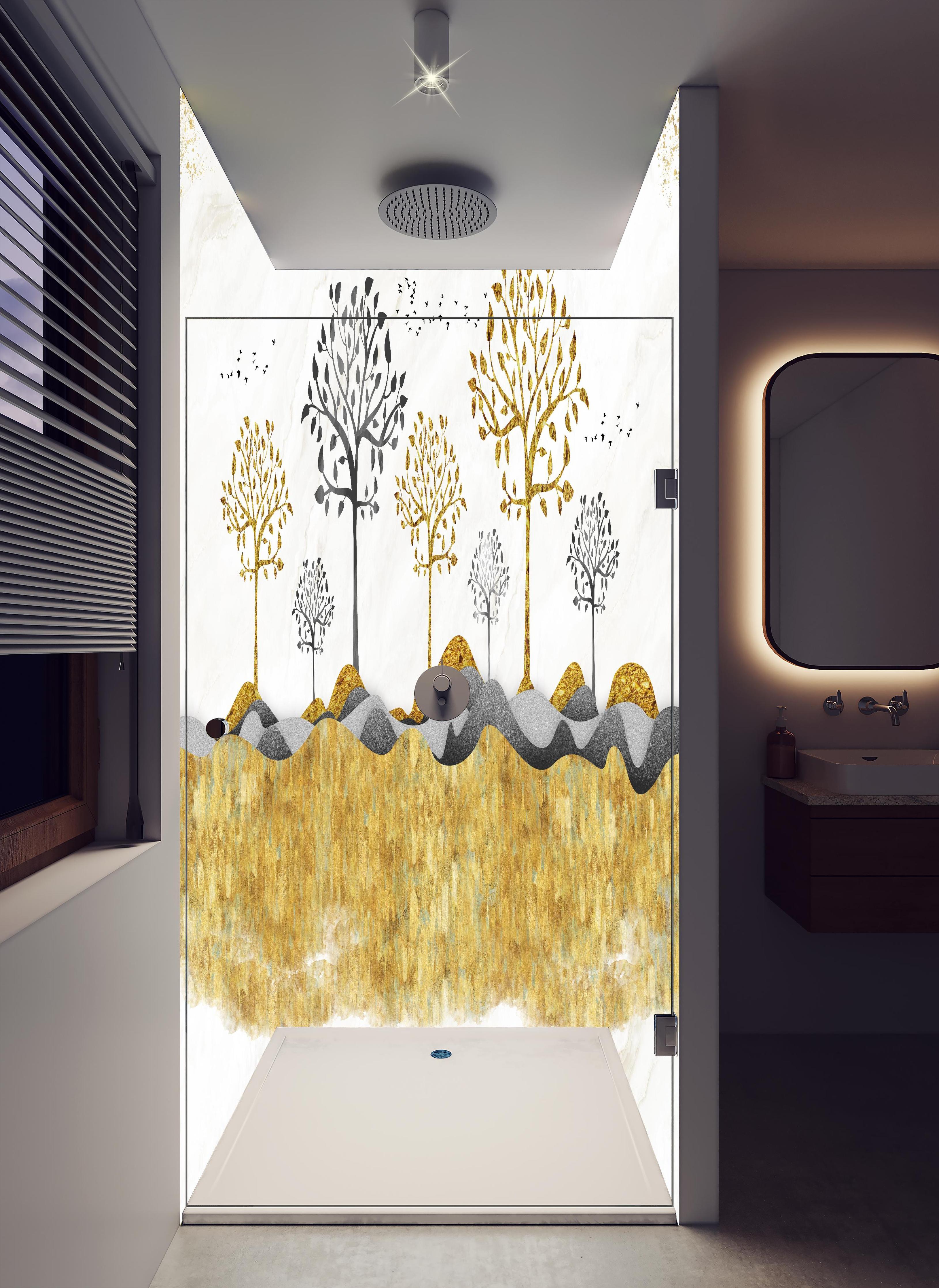 Duschrückwand - Kunsttapete einer Landschaft in hellem Badezimmer mit Regenduschkopf - zweiteilige Eck-Duschrückwand