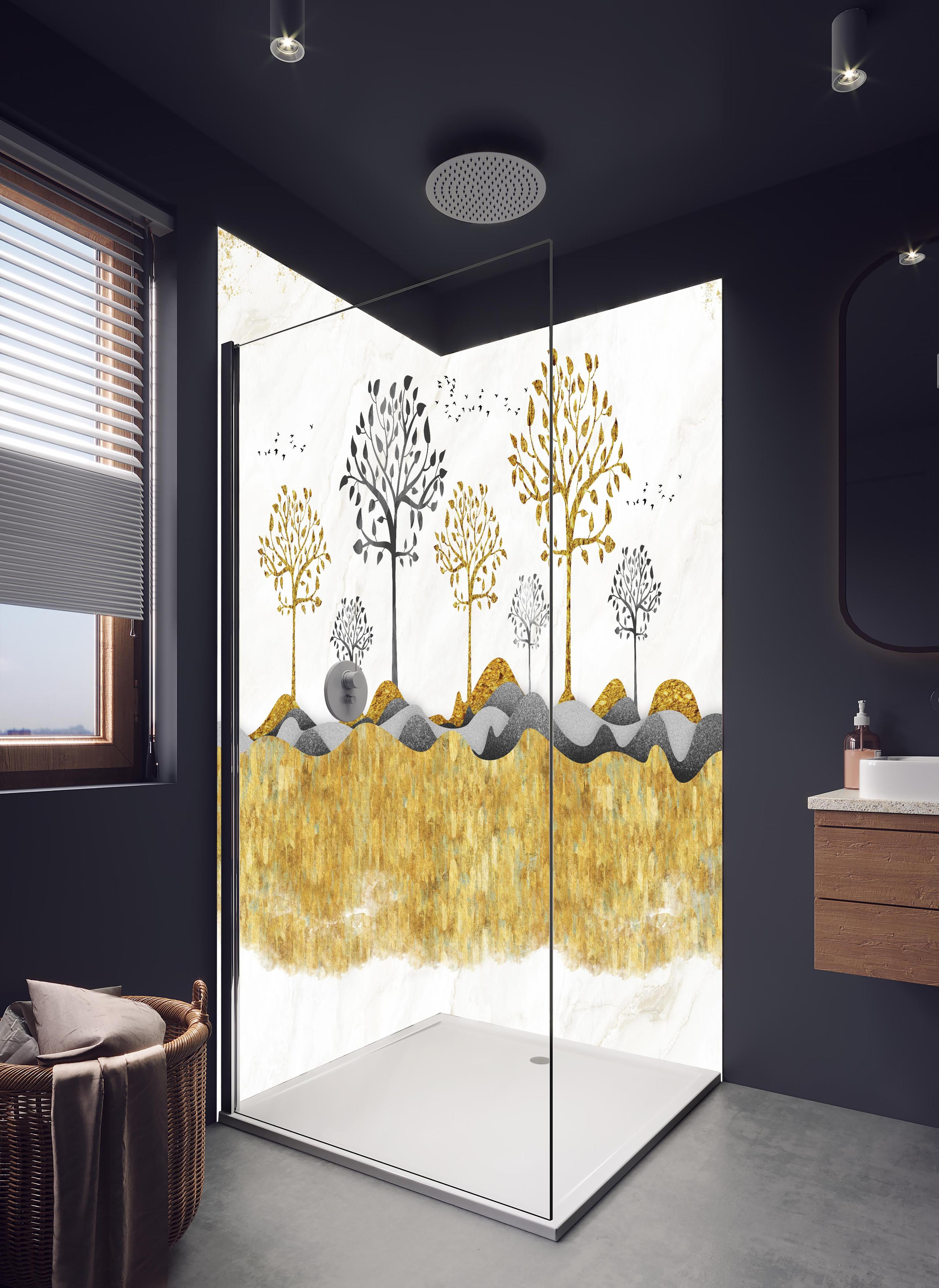 Duschrückwand - Kunsttapete einer Landschaft in hellem Badezimmer mit Regenduschkopf - zweiteilige Eck-Duschrückwand