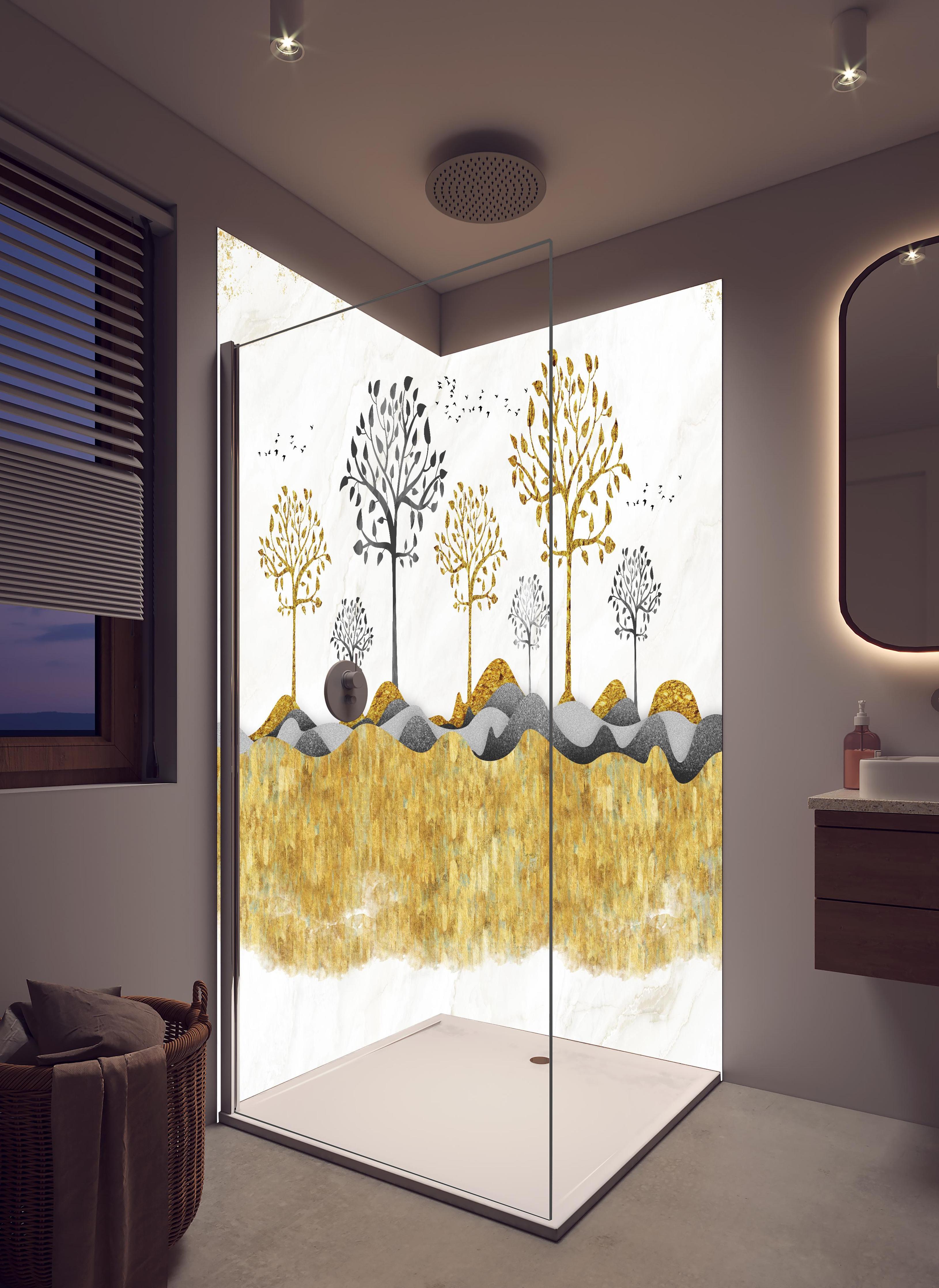 Duschrückwand - Kunsttapete einer Landschaft in hellem Badezimmer mit Regenduschkopf - zweiteilige Eck-Duschrückwand