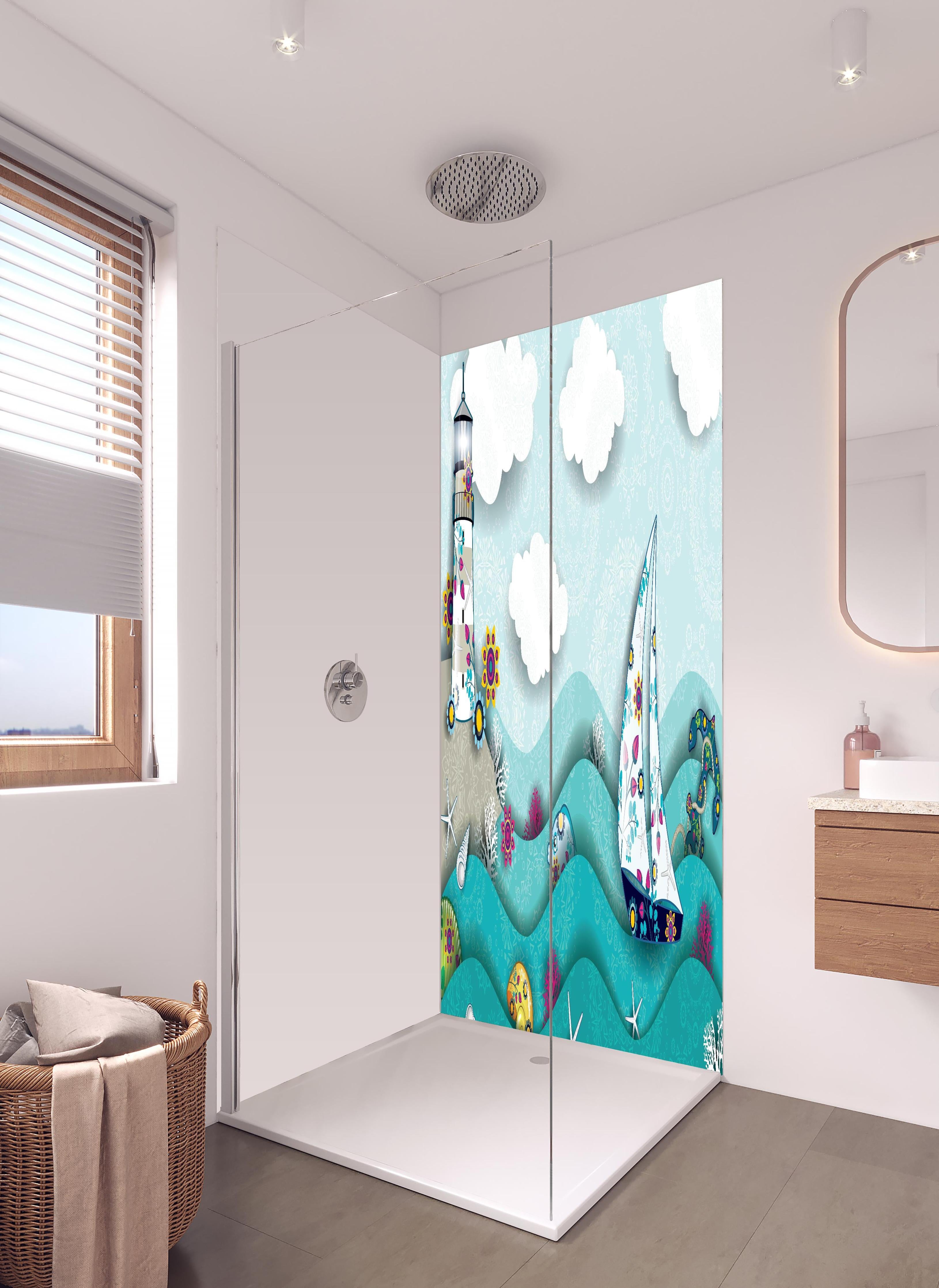Duschrückwand - Landschaft mit Leuchtturm und Segelboot in hellem Badezimmer mit Regenduschkopf - zweiteilige Eck-Duschrückwand