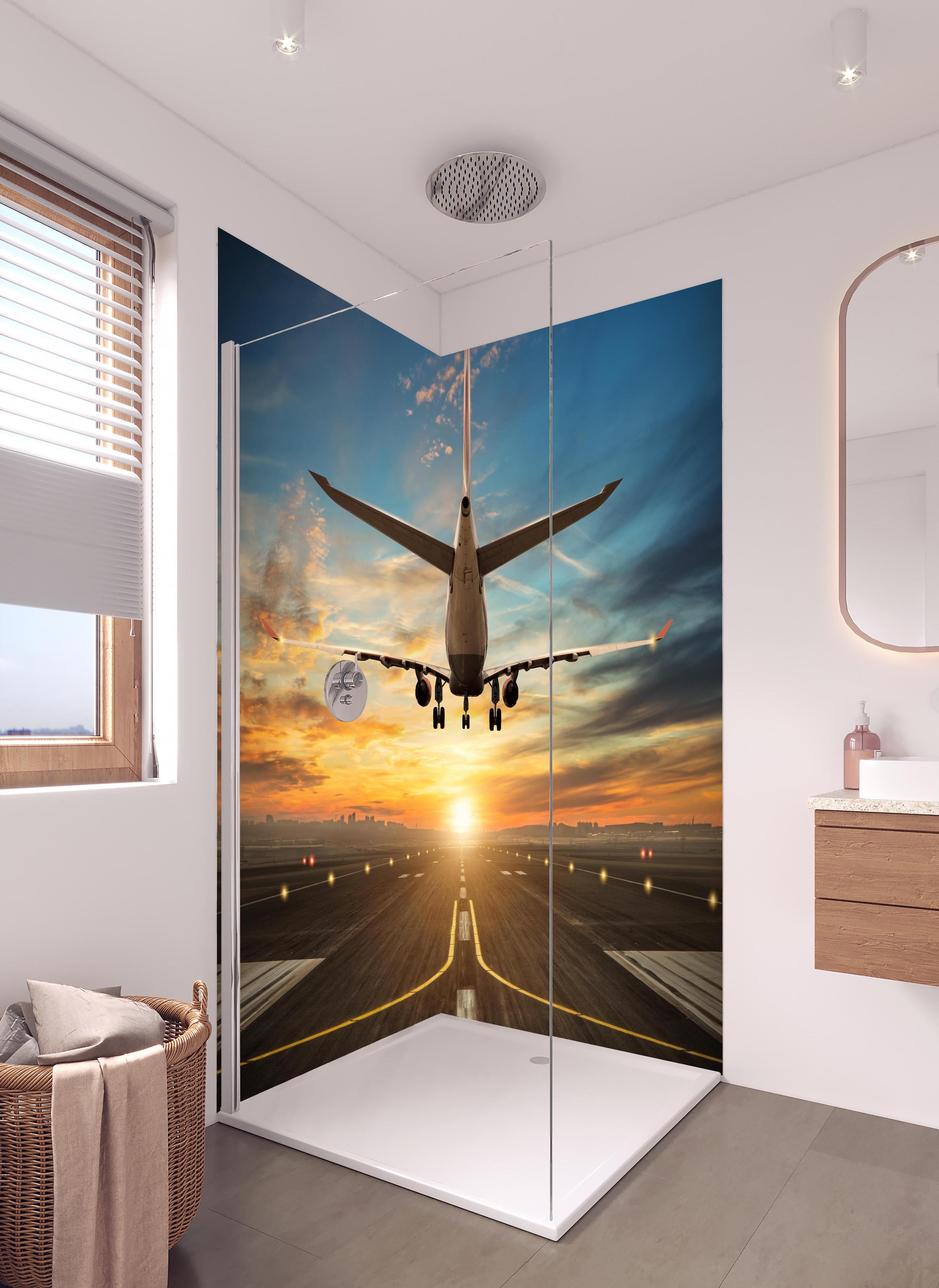Duschrückwand - Landung bei wunderschönem Sonnenuntergang in hellem Badezimmer mit Regenduschkopf - zweiteilige Eck-Duschrückwand
