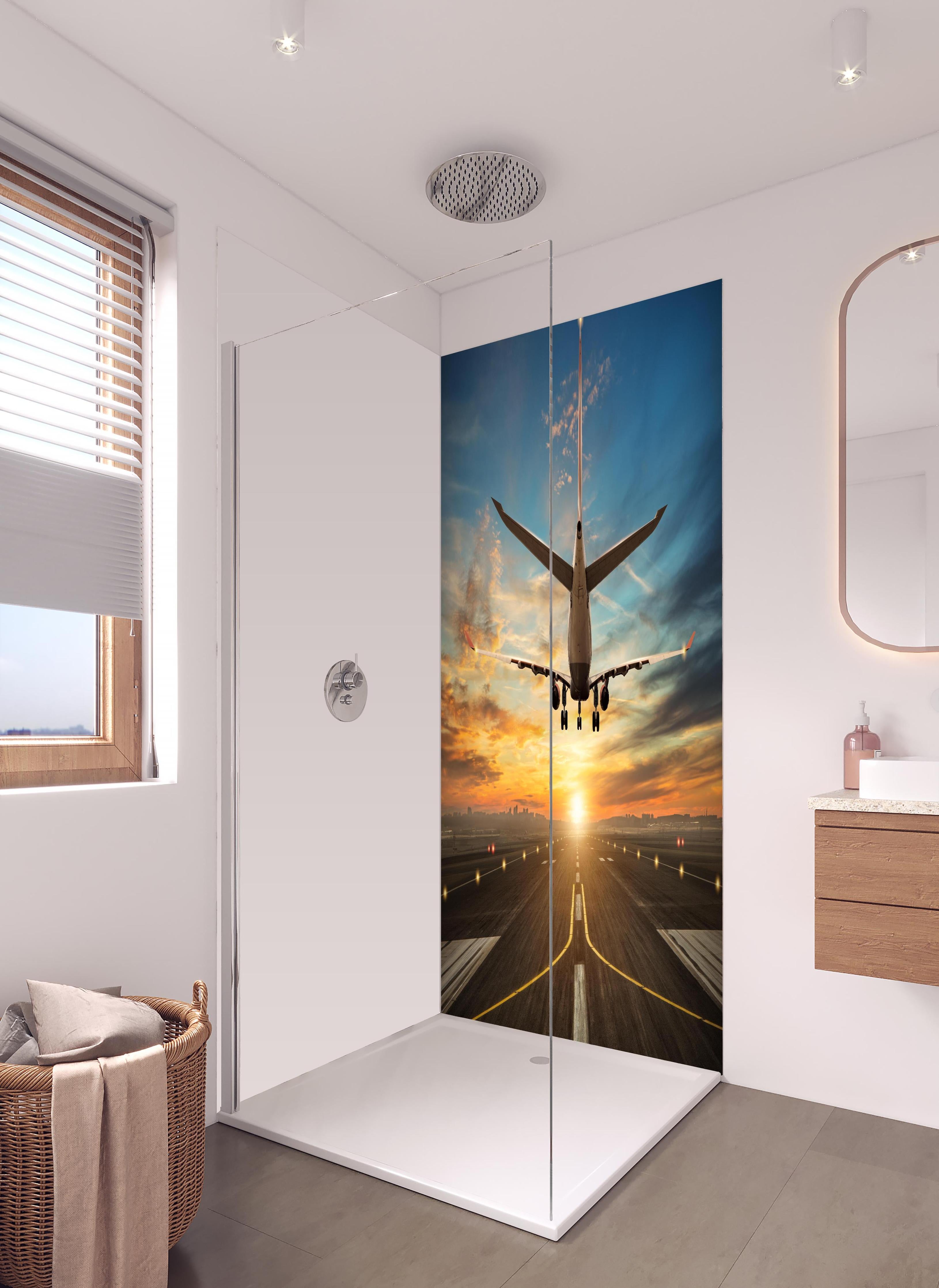 Duschrückwand - Landung bei wunderschönem Sonnenuntergang in hellem Badezimmer mit Regenduschkopf - zweiteilige Eck-Duschrückwand