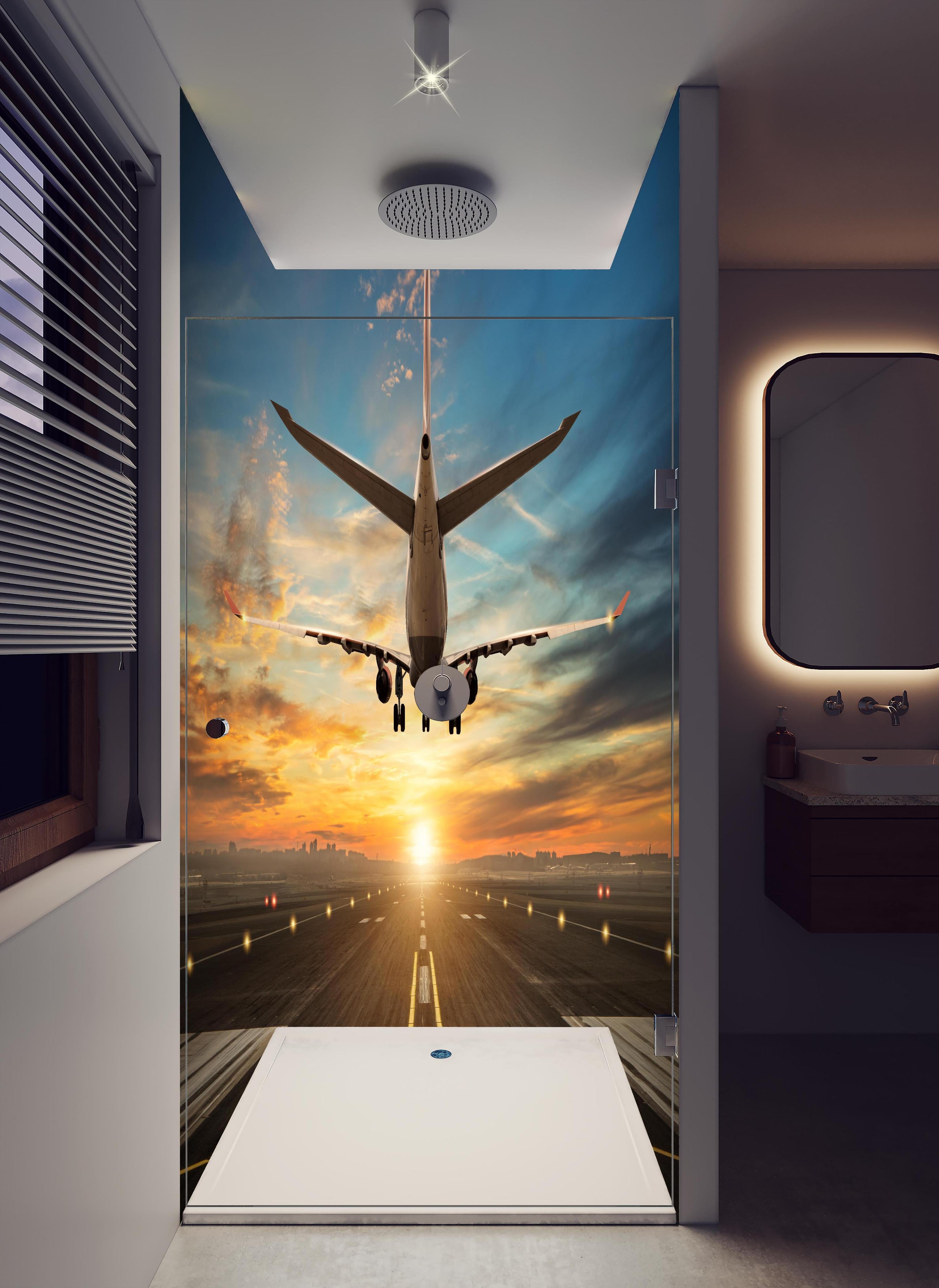 Duschrückwand - Landung bei wunderschönem Sonnenuntergang in hellem Badezimmer mit Regenduschkopf - zweiteilige Eck-Duschrückwand