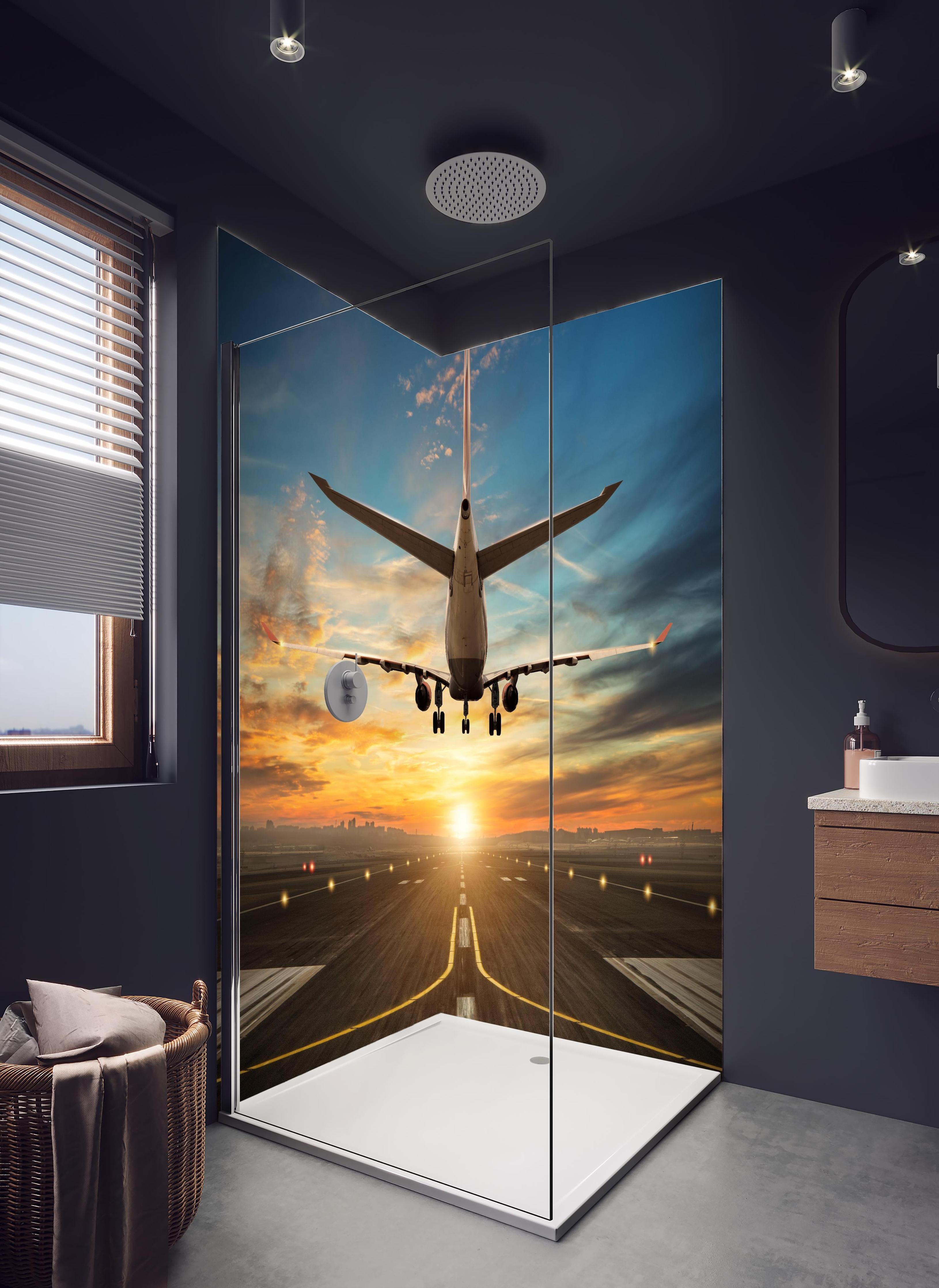 Duschrückwand - Landung bei wunderschönem Sonnenuntergang in hellem Badezimmer mit Regenduschkopf - zweiteilige Eck-Duschrückwand