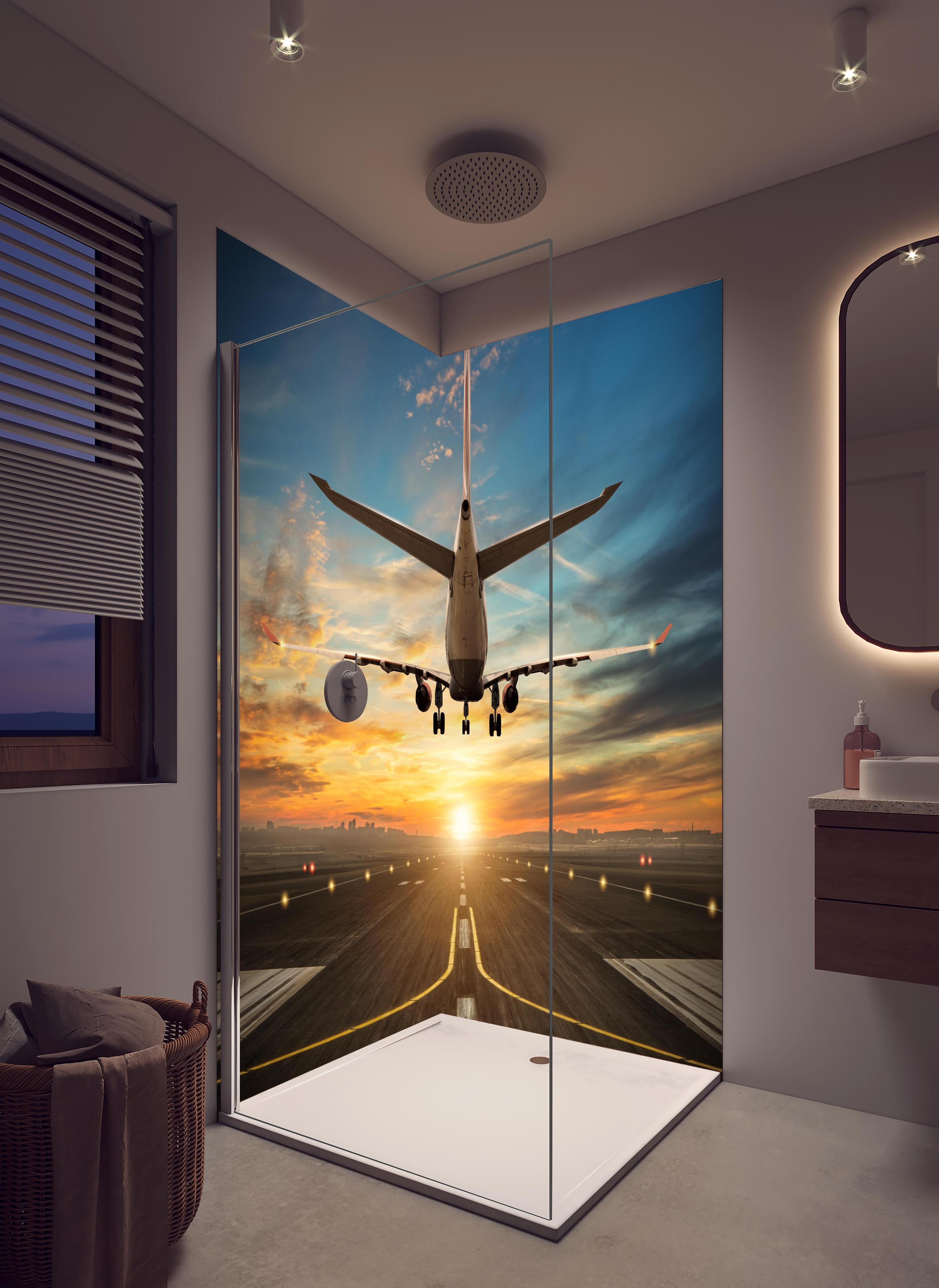 Duschrückwand - Landung bei wunderschönem Sonnenuntergang in hellem Badezimmer mit Regenduschkopf - zweiteilige Eck-Duschrückwand