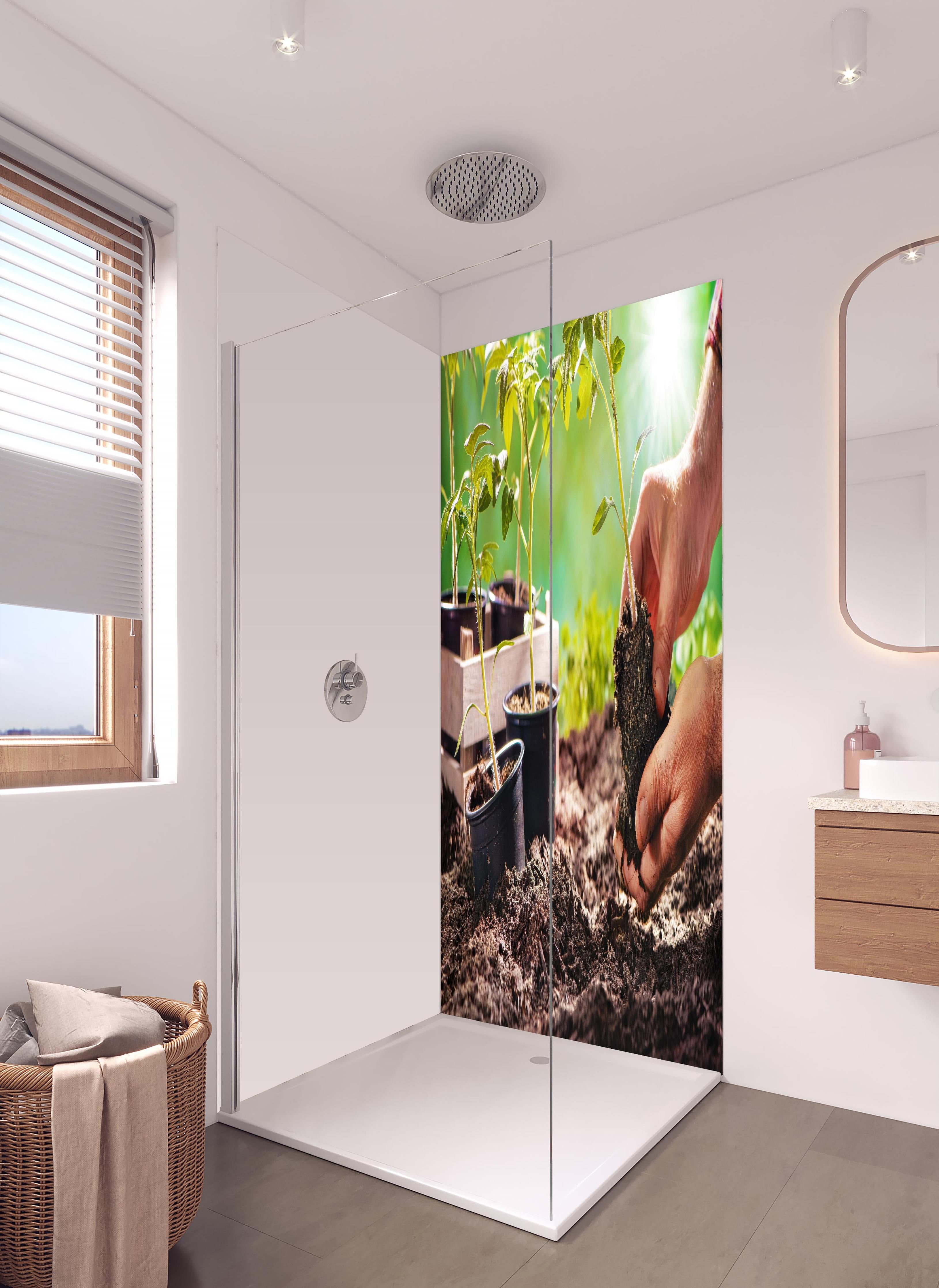 Duschrückwand - Landwirt pflanzt Tomatensetzlinge in hellem Badezimmer mit Regenduschkopf - zweiteilige Eck-Duschrückwand