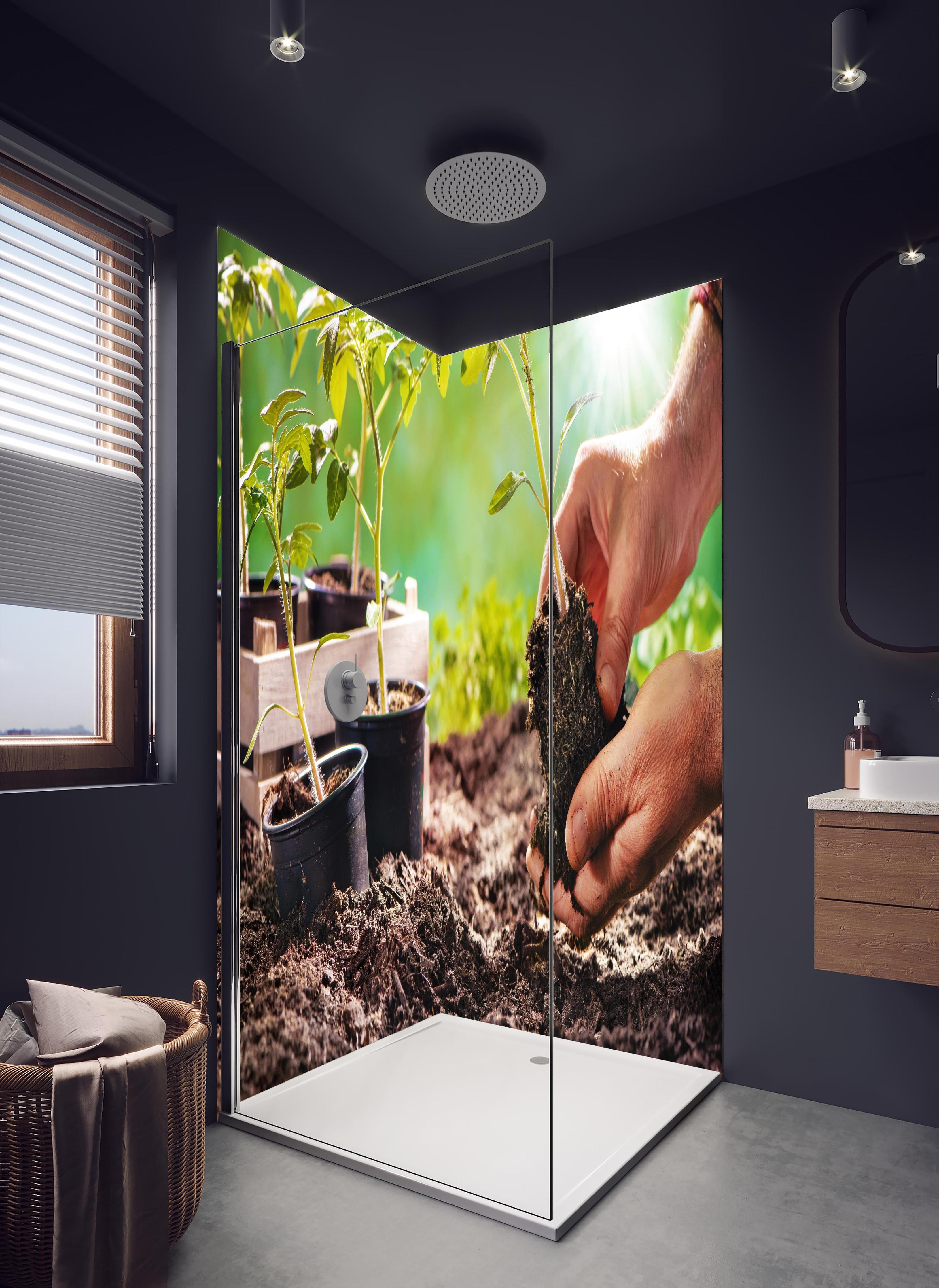 Duschrückwand - Landwirt pflanzt Tomatensetzlinge in hellem Badezimmer mit Regenduschkopf - zweiteilige Eck-Duschrückwand