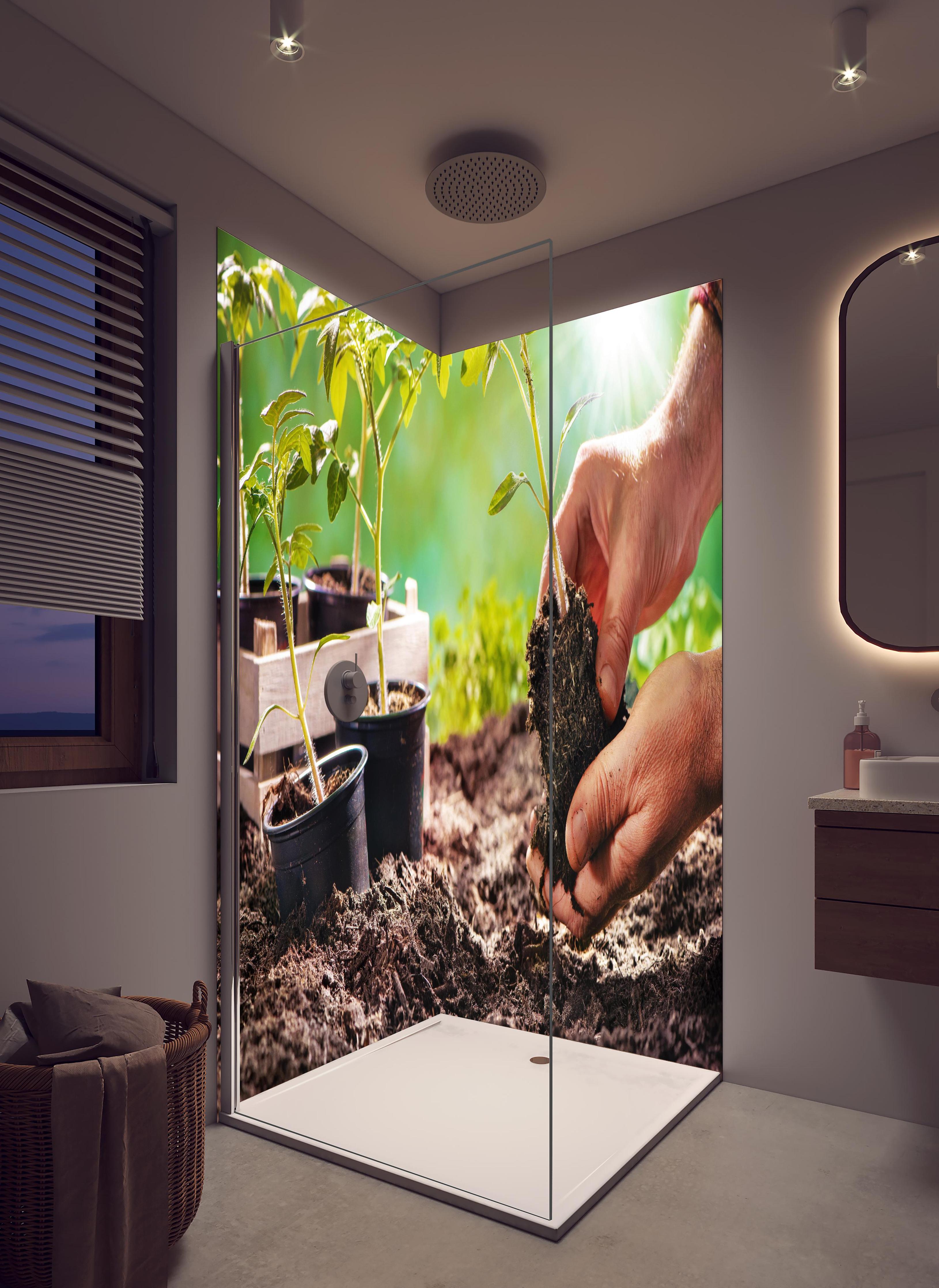 Duschrückwand - Landwirt pflanzt Tomatensetzlinge in hellem Badezimmer mit Regenduschkopf - zweiteilige Eck-Duschrückwand