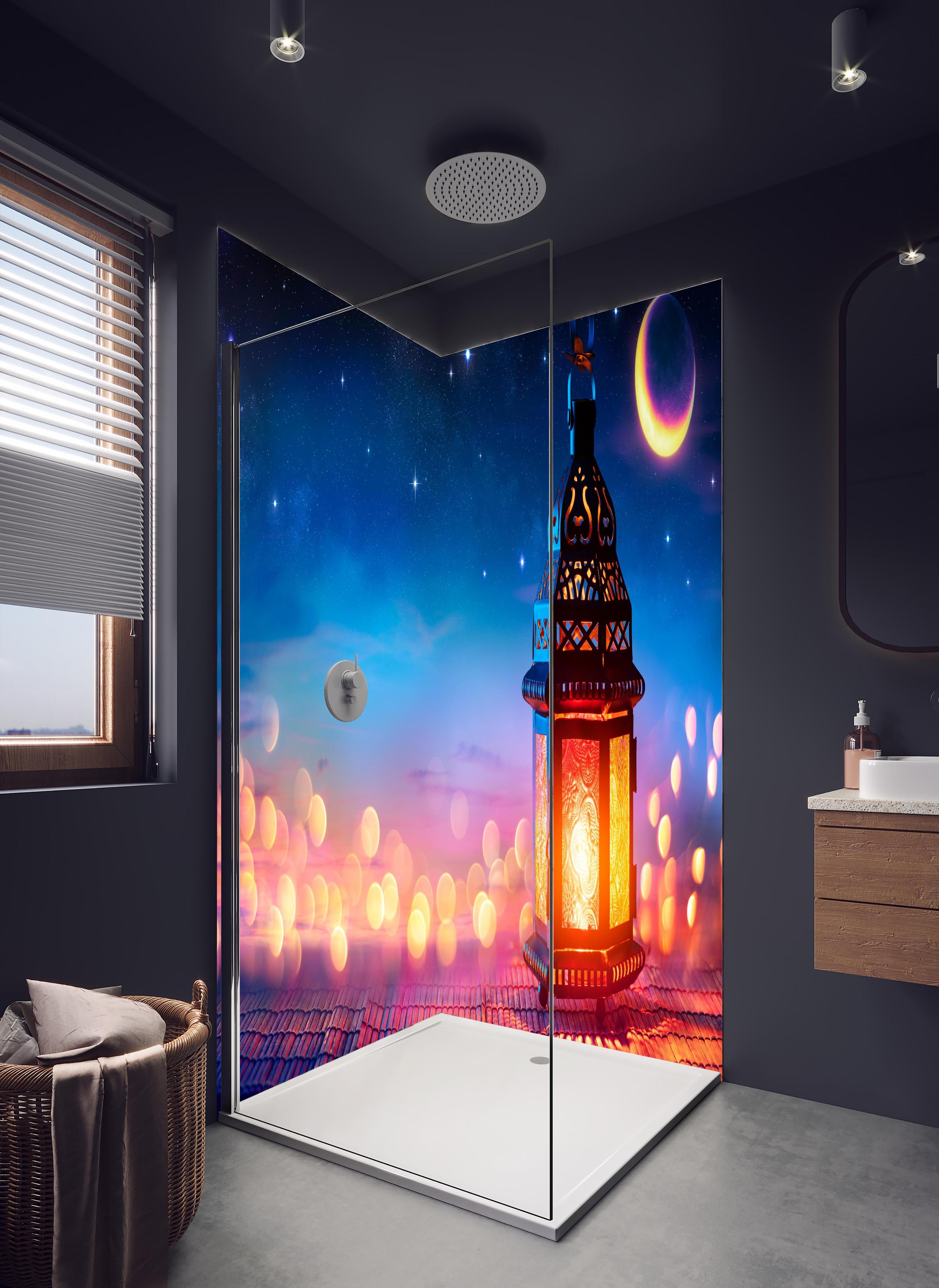 Duschrückwand - Laternenlicht bei Sternenhimmel in hellem Badezimmer mit Regenduschkopf - zweiteilige Eck-Duschrückwand