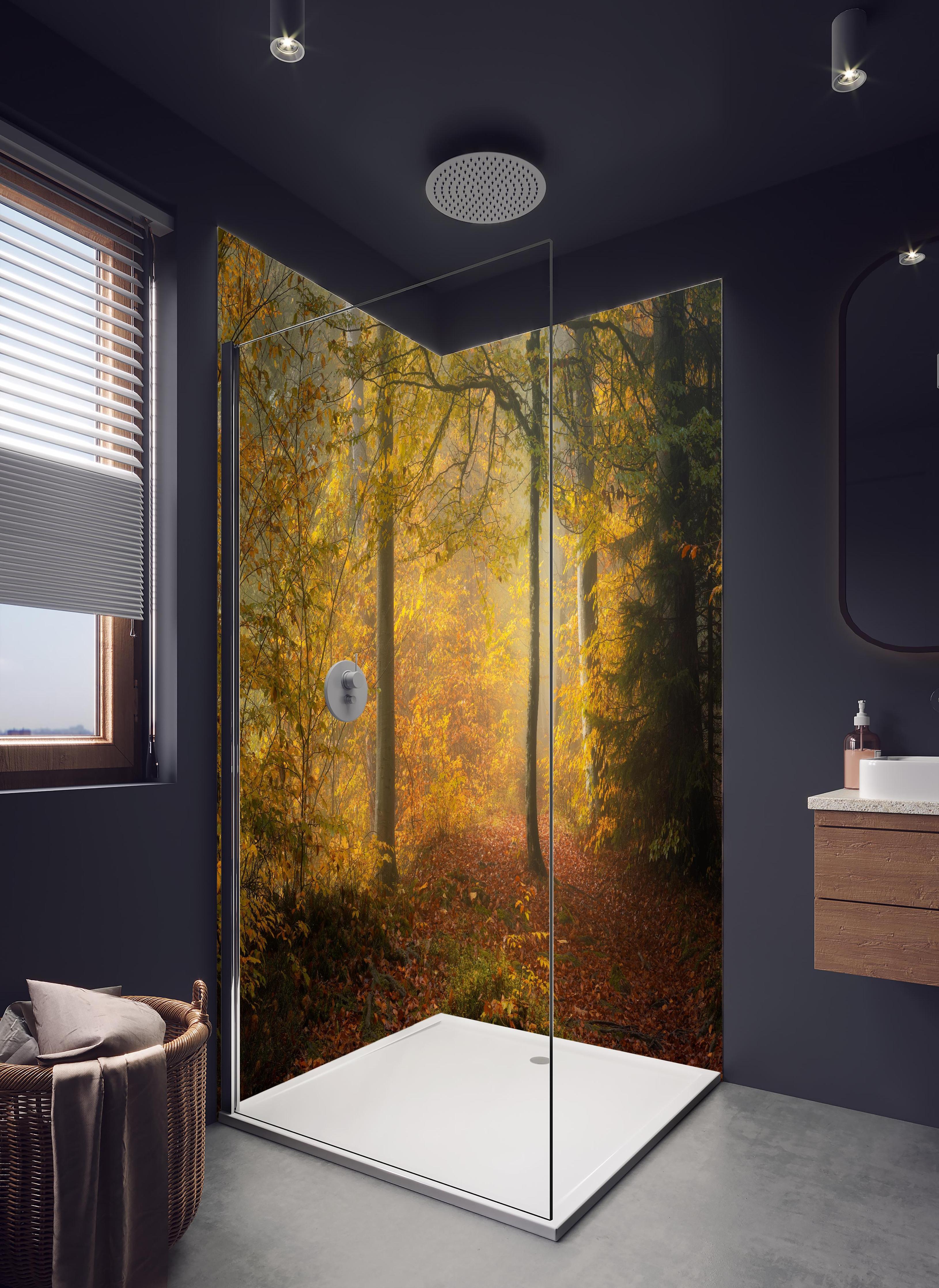 Duschrückwand - Laub im Wald in hellem Badezimmer mit Regenduschkopf - zweiteilige Eck-Duschrückwand