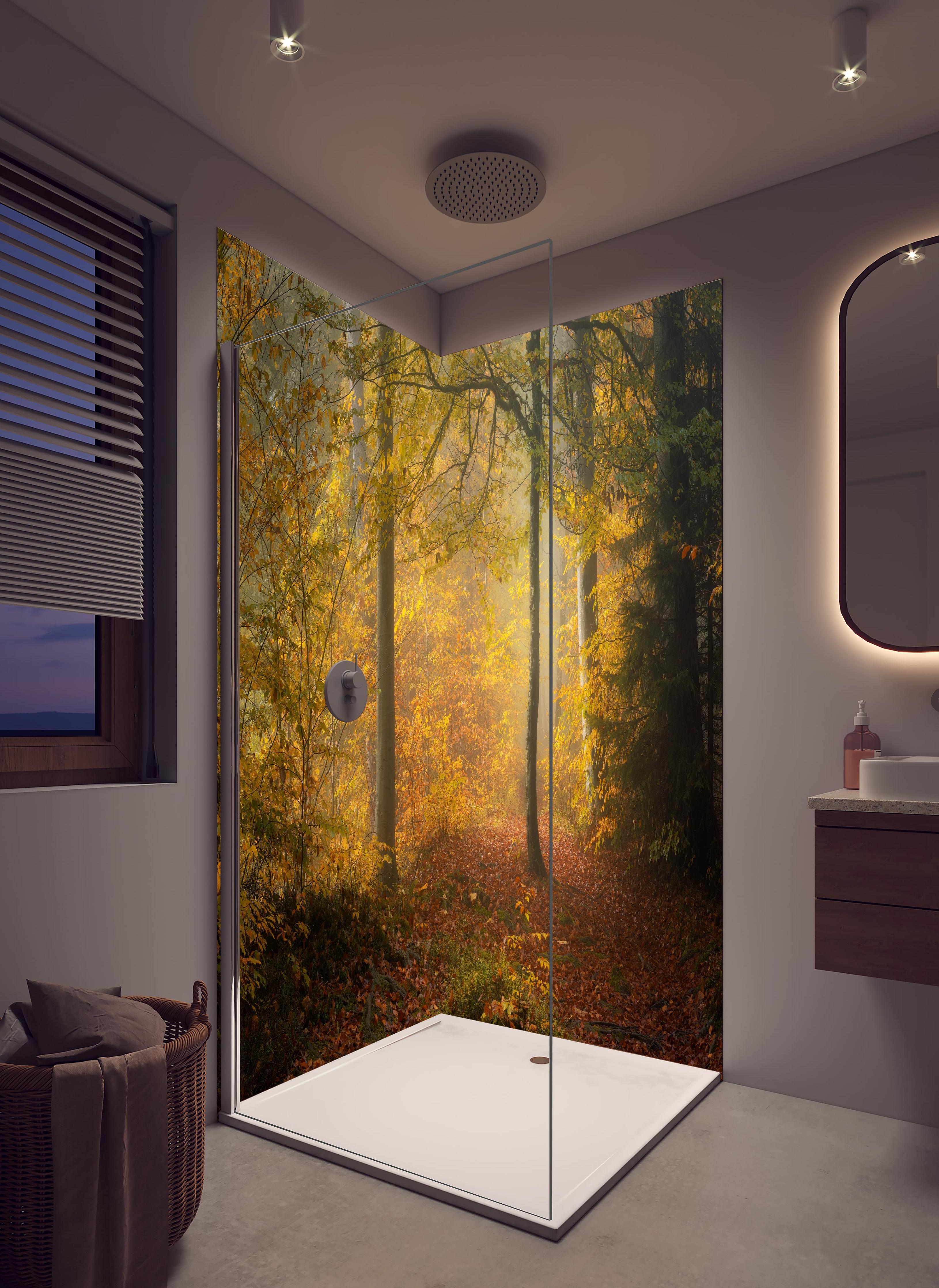 Duschrückwand - Laub im Wald in hellem Badezimmer mit Regenduschkopf - zweiteilige Eck-Duschrückwand