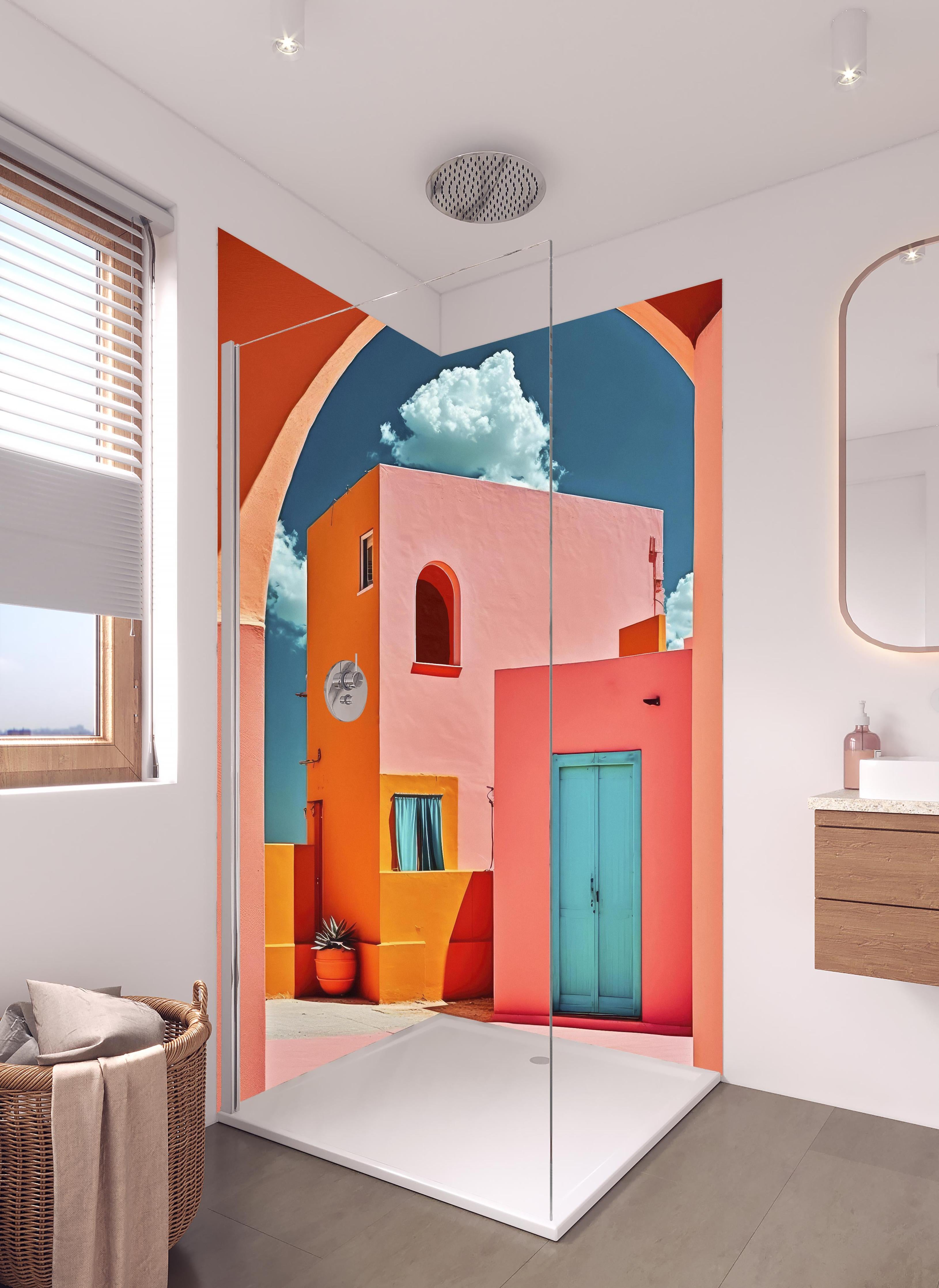 Duschrückwand - Lebendige Architektur mit farbenfrohen Türen in hellem Badezimmer mit Regenduschkopf - zweiteilige Eck-Duschrückwand