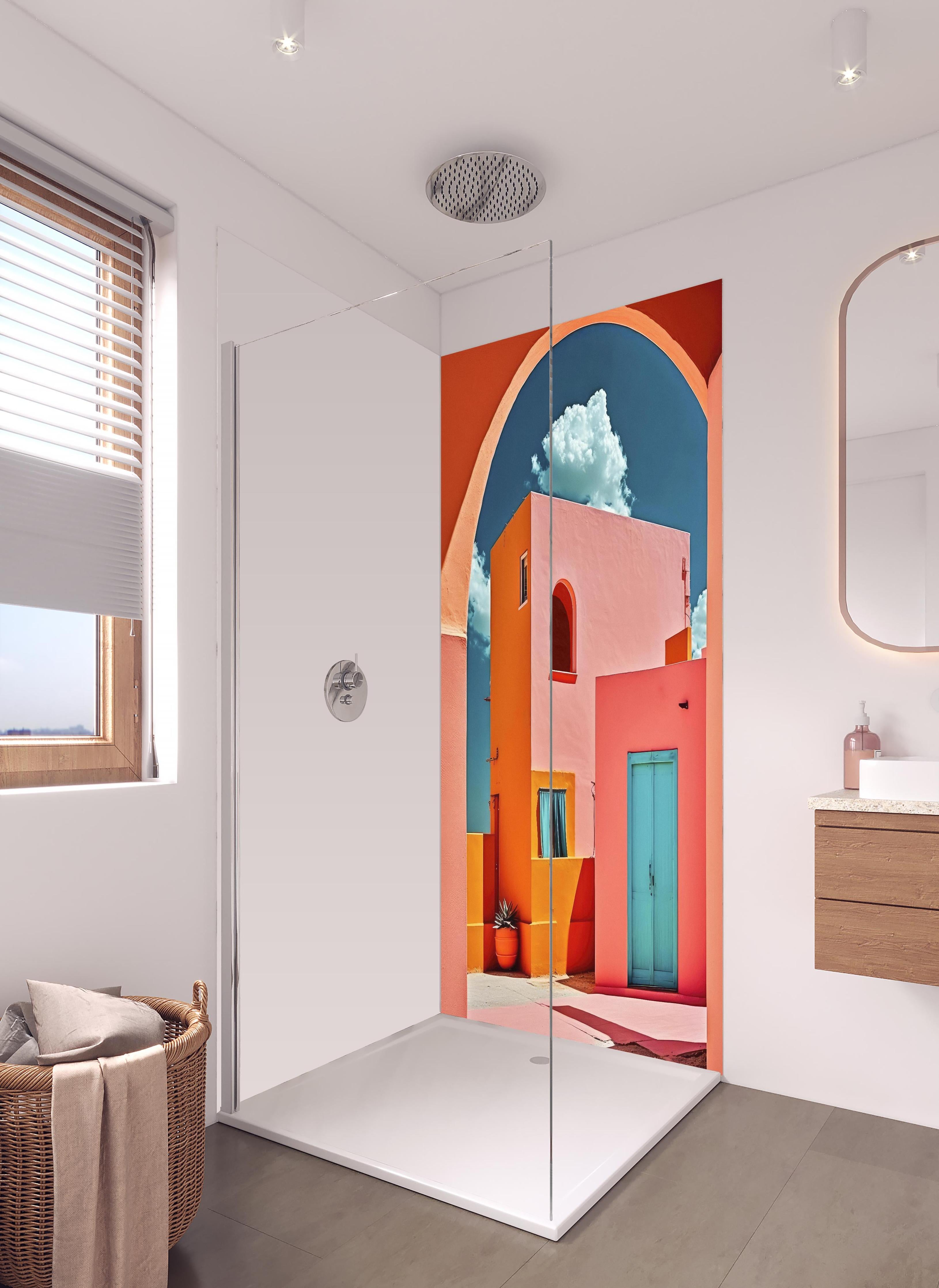 Duschrückwand - Lebendige Architektur mit farbenfrohen Türen in hellem Badezimmer mit Regenduschkopf - zweiteilige Eck-Duschrückwand