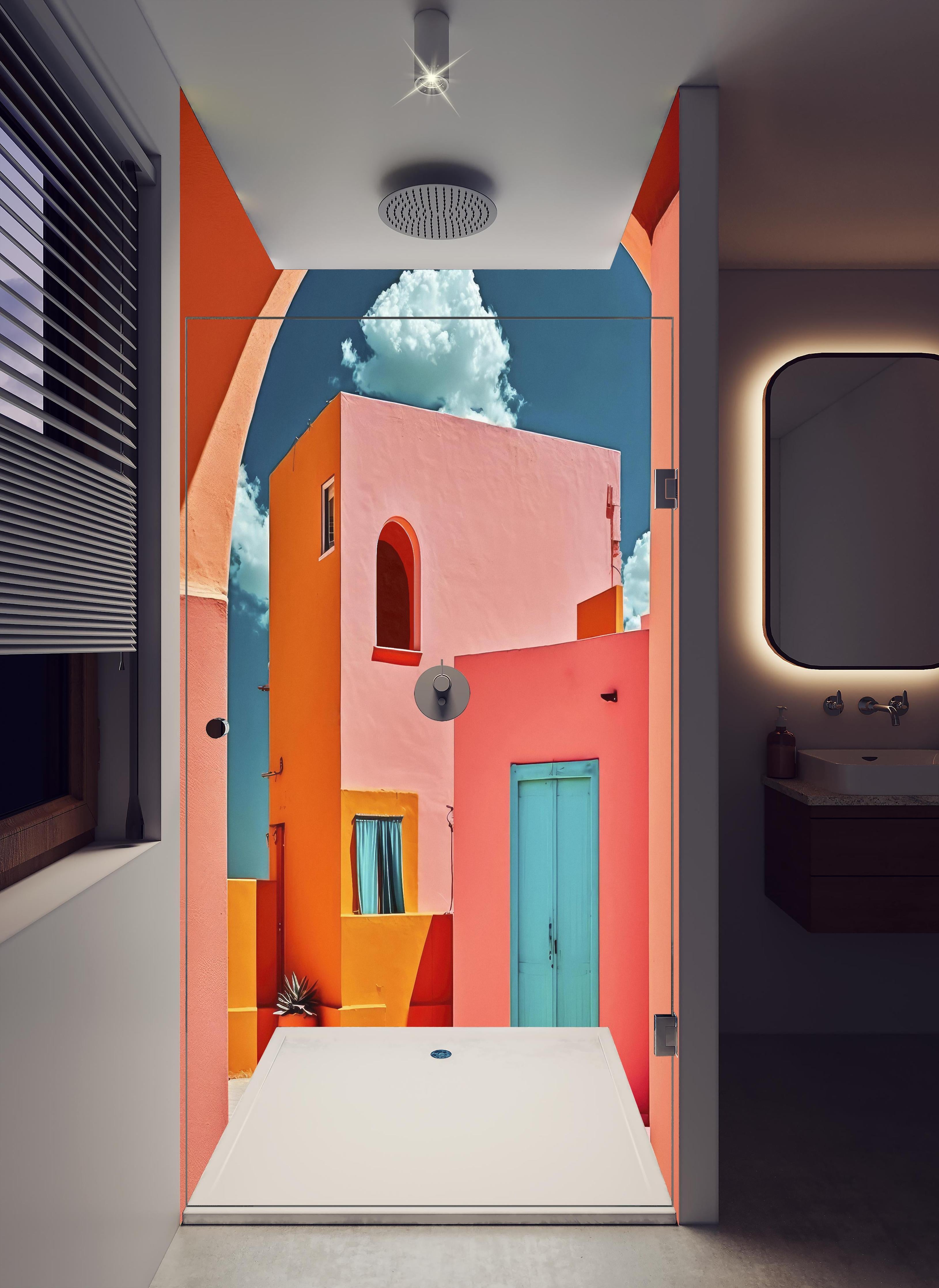 Duschrückwand - Lebendige Architektur mit farbenfrohen Türen in hellem Badezimmer mit Regenduschkopf - zweiteilige Eck-Duschrückwand