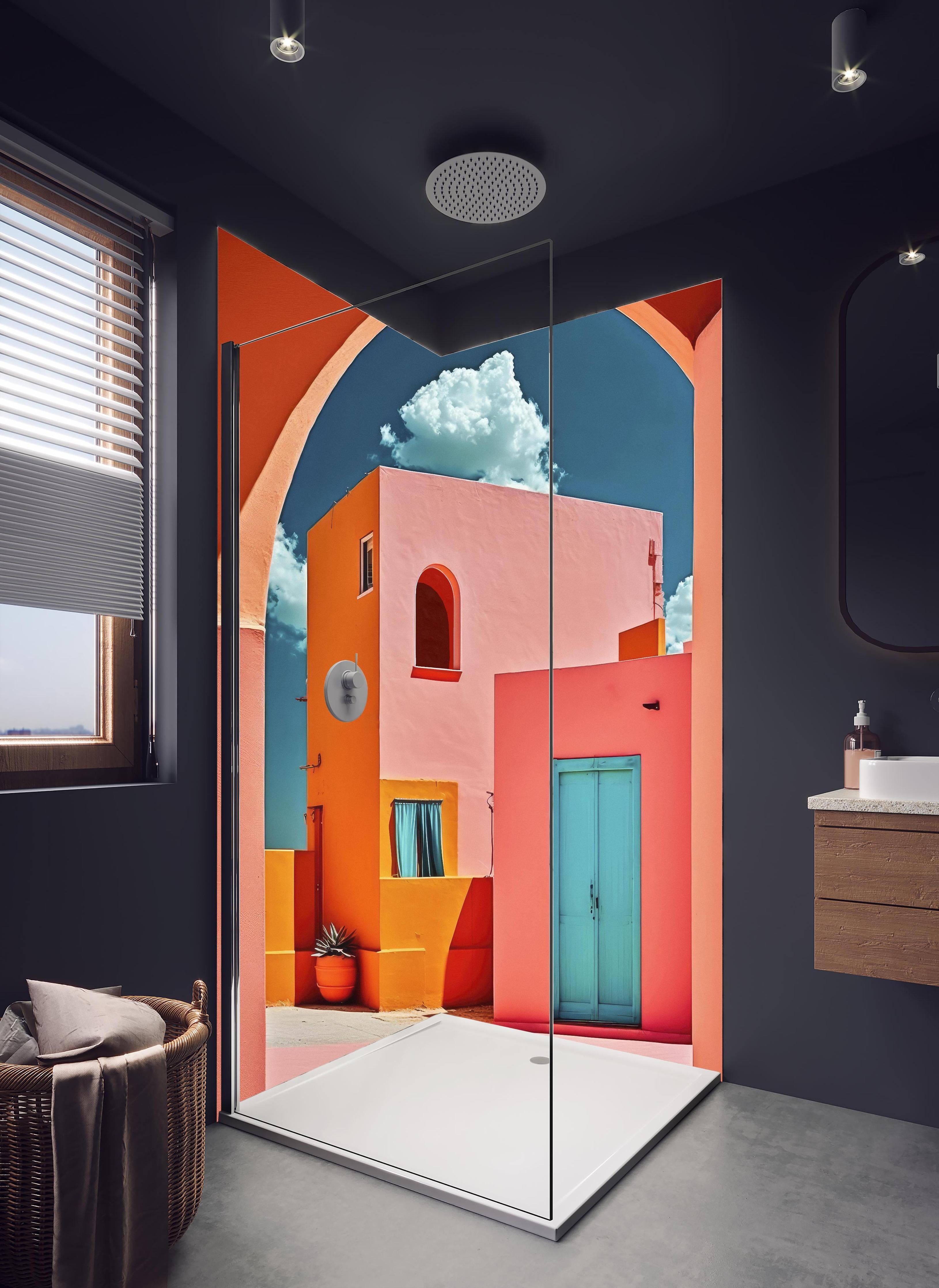Duschrückwand - Lebendige Architektur mit farbenfrohen Türen in hellem Badezimmer mit Regenduschkopf - zweiteilige Eck-Duschrückwand