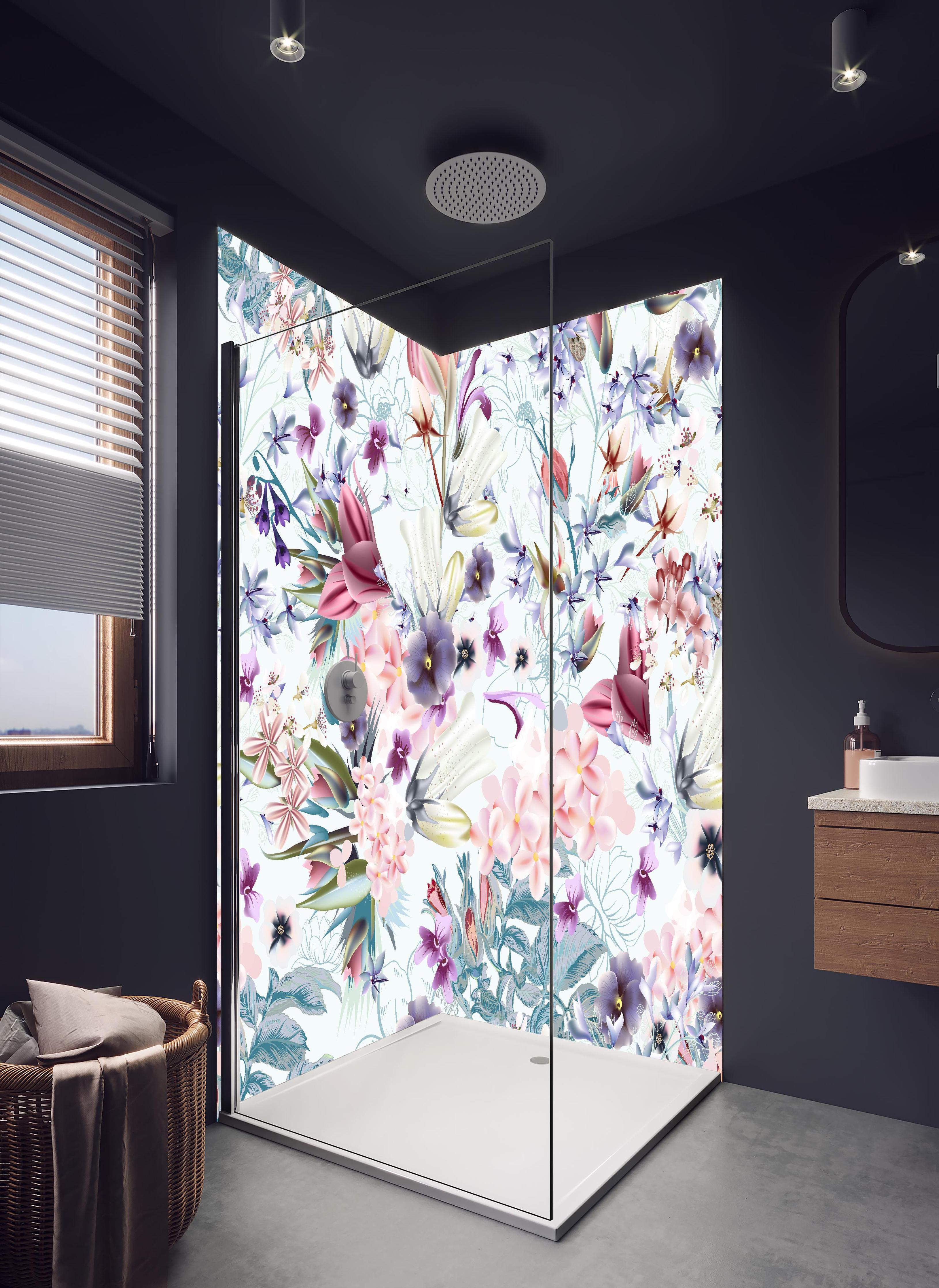 Duschrückwand - Lebendiges Blumenmuster auf Textilhintergrund in hellem Badezimmer mit Regenduschkopf - zweiteilige Eck-Duschrückwand