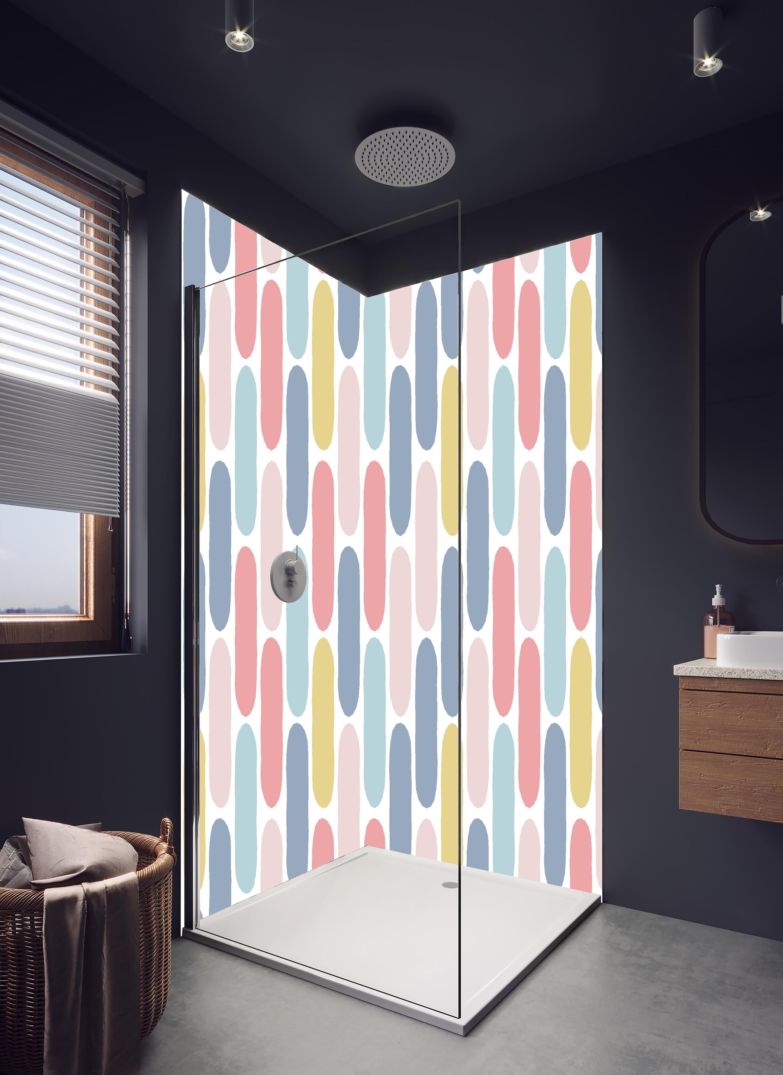 Duschrückwand - Lebhaftes Pastellrauten Design für moderne Deko in hellem Badezimmer mit Regenduschkopf - zweiteilige Eck-Duschrückwand