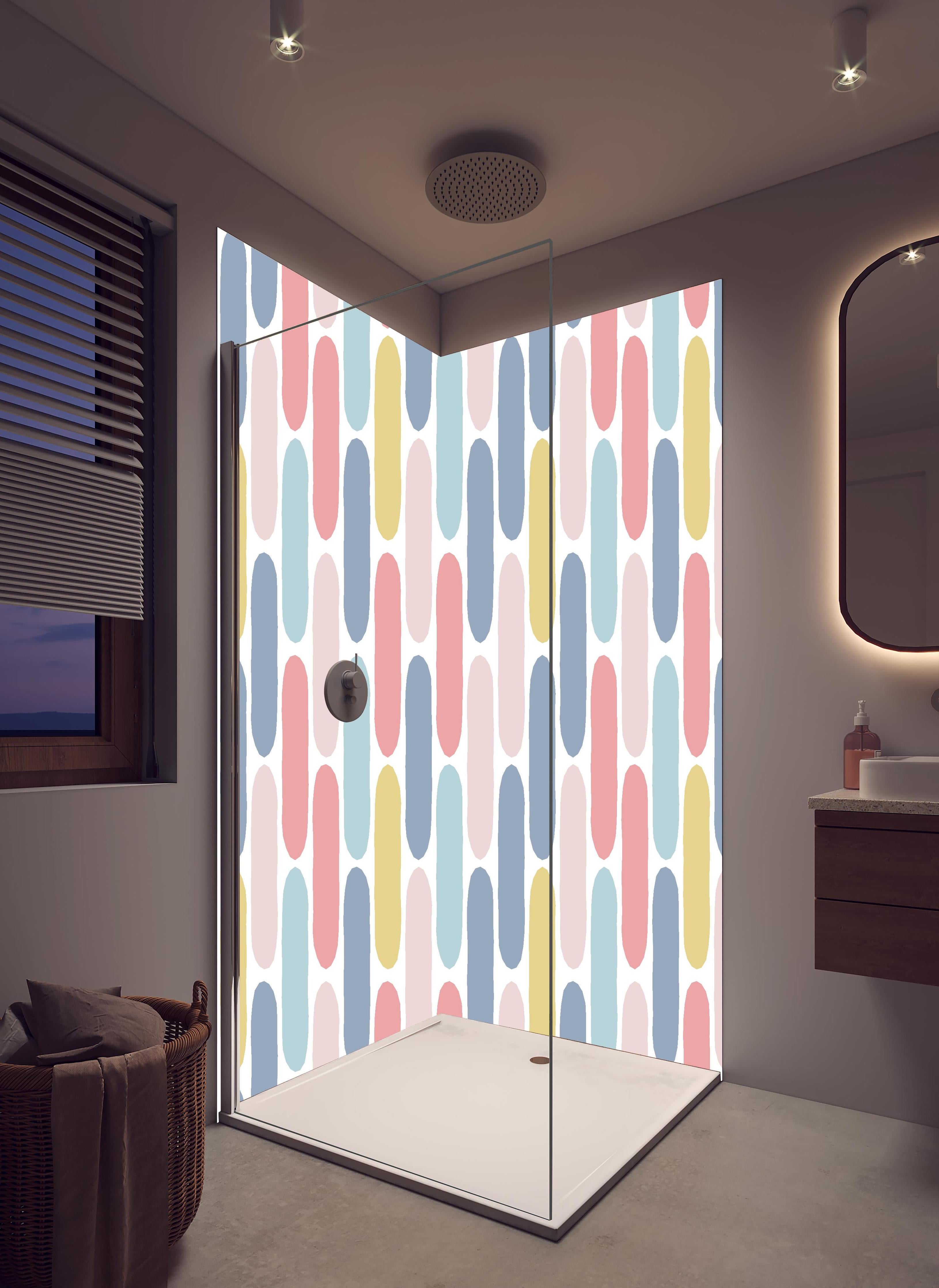 Duschrückwand - Lebhaftes Pastellrauten Design für moderne Deko in hellem Badezimmer mit Regenduschkopf - zweiteilige Eck-Duschrückwand