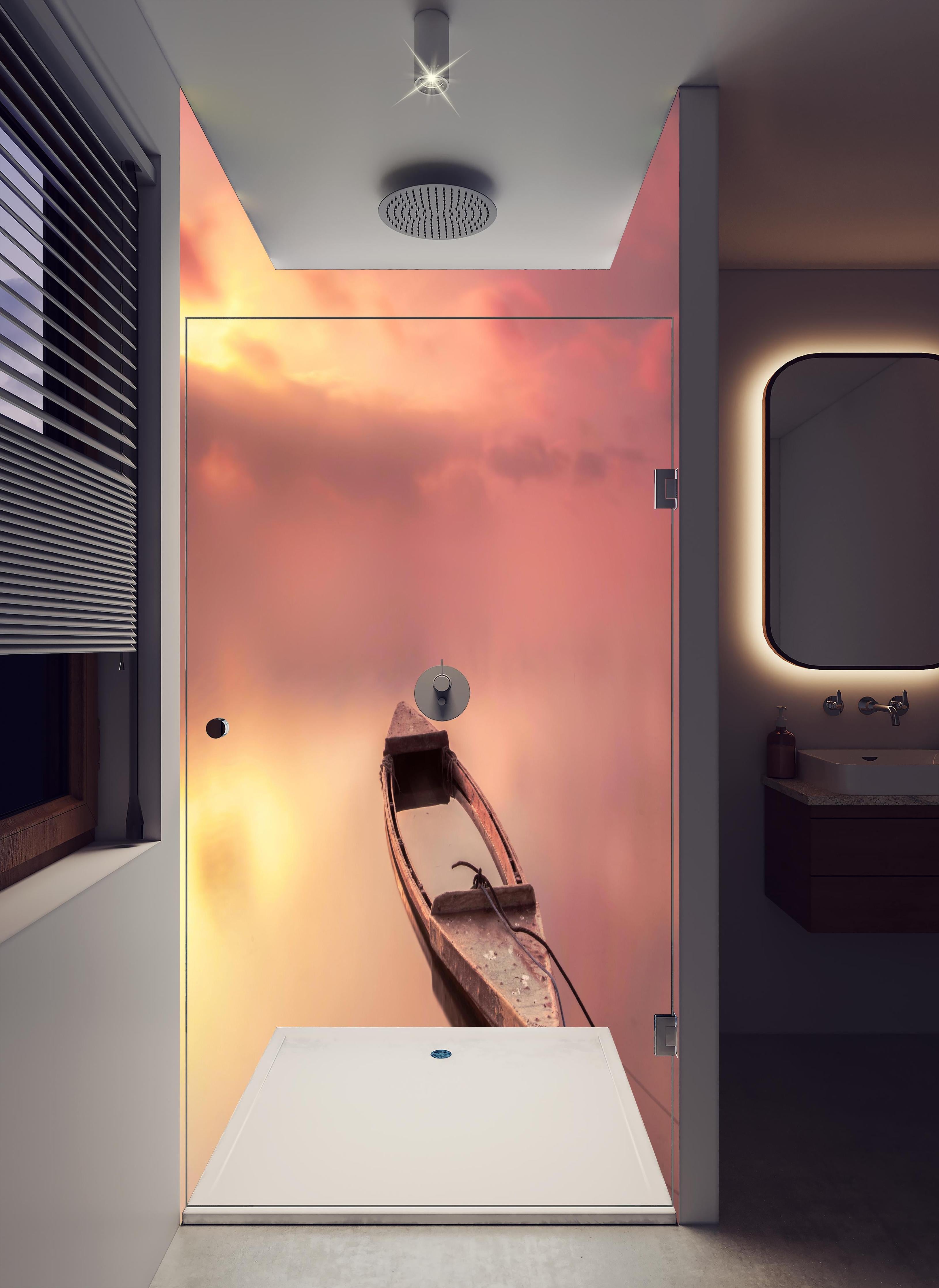 Duschrückwand - Leeres Boot -Traumwelt in hellem Badezimmer mit Regenduschkopf - zweiteilige Eck-Duschrückwand