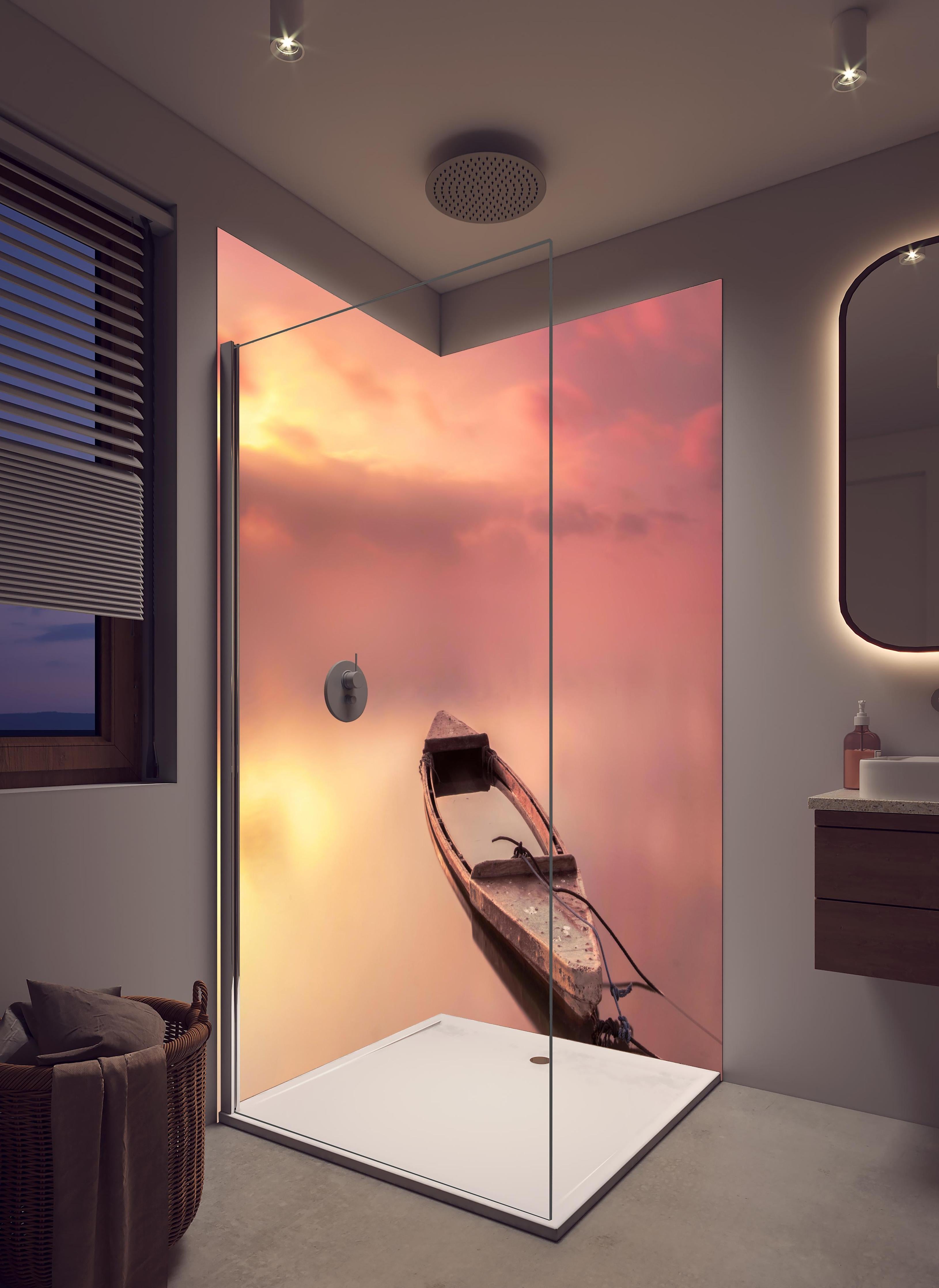 Duschrückwand - Leeres Boot -Traumwelt in hellem Badezimmer mit Regenduschkopf - zweiteilige Eck-Duschrückwand