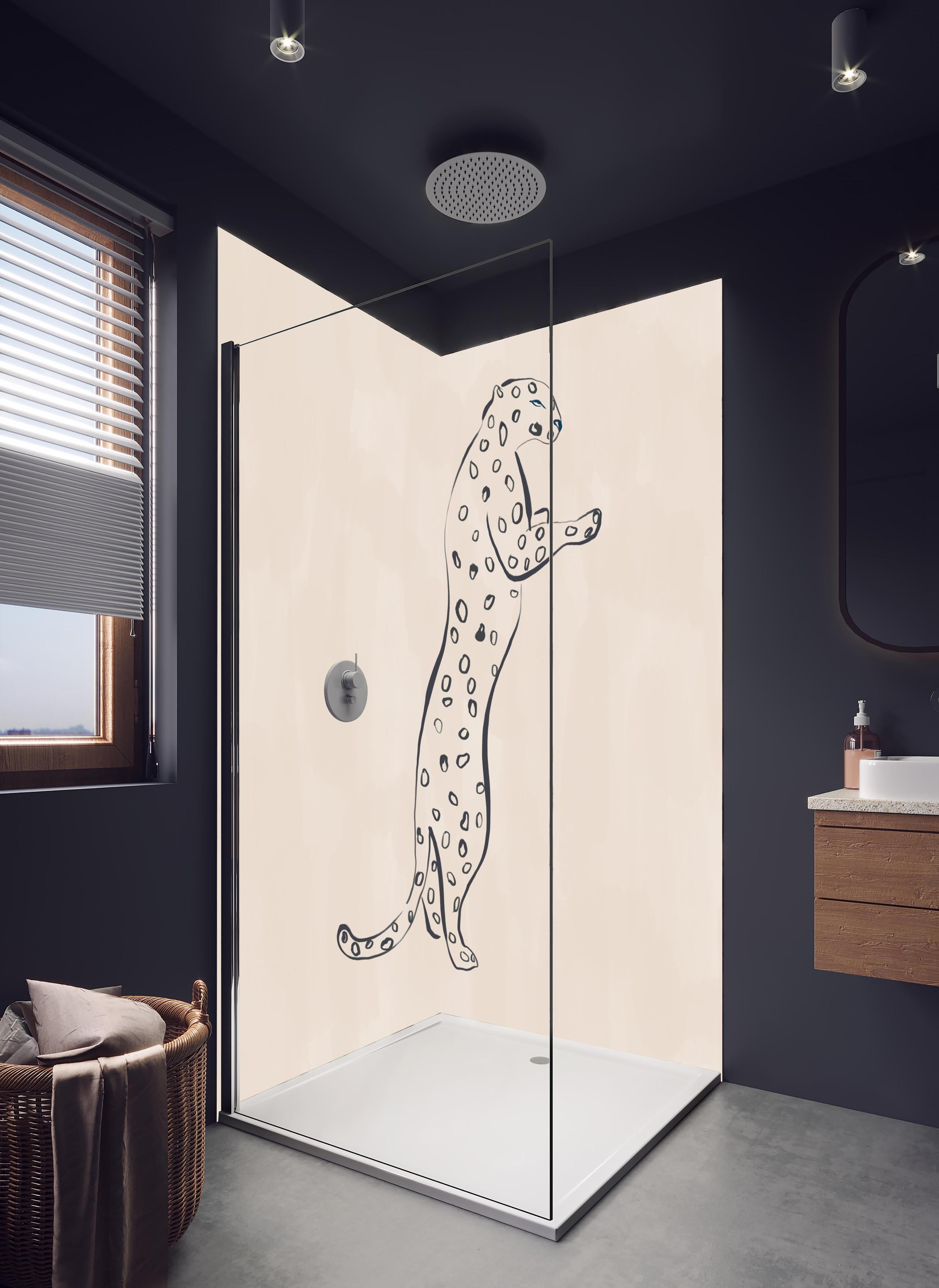 Duschrückwand - Leopard - Einfache Zeichnung in hellem Badezimmer mit Regenduschkopf - zweiteilige Eck-Duschrückwand