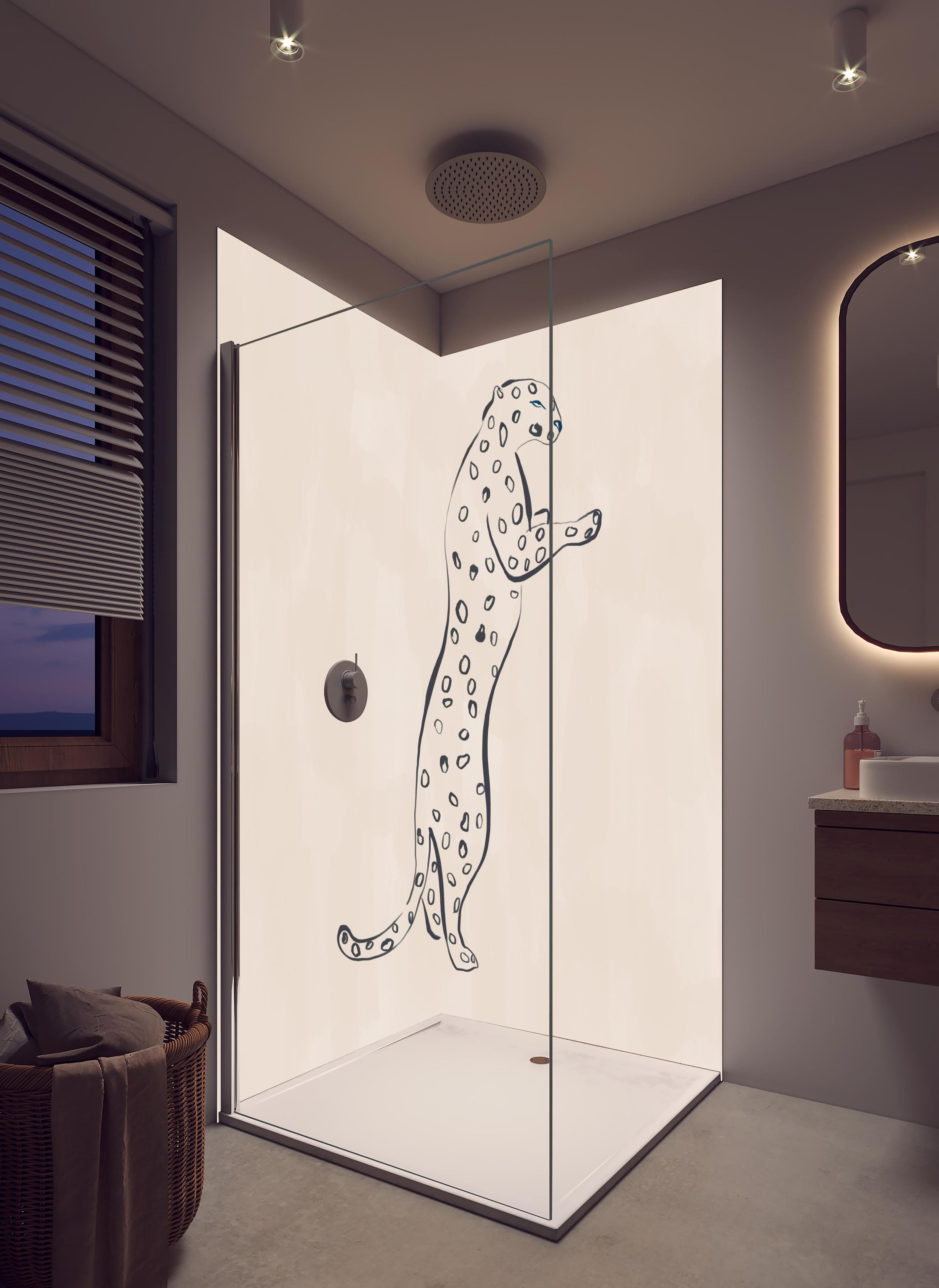 Duschrückwand - Leopard - Einfache Zeichnung in hellem Badezimmer mit Regenduschkopf - zweiteilige Eck-Duschrückwand