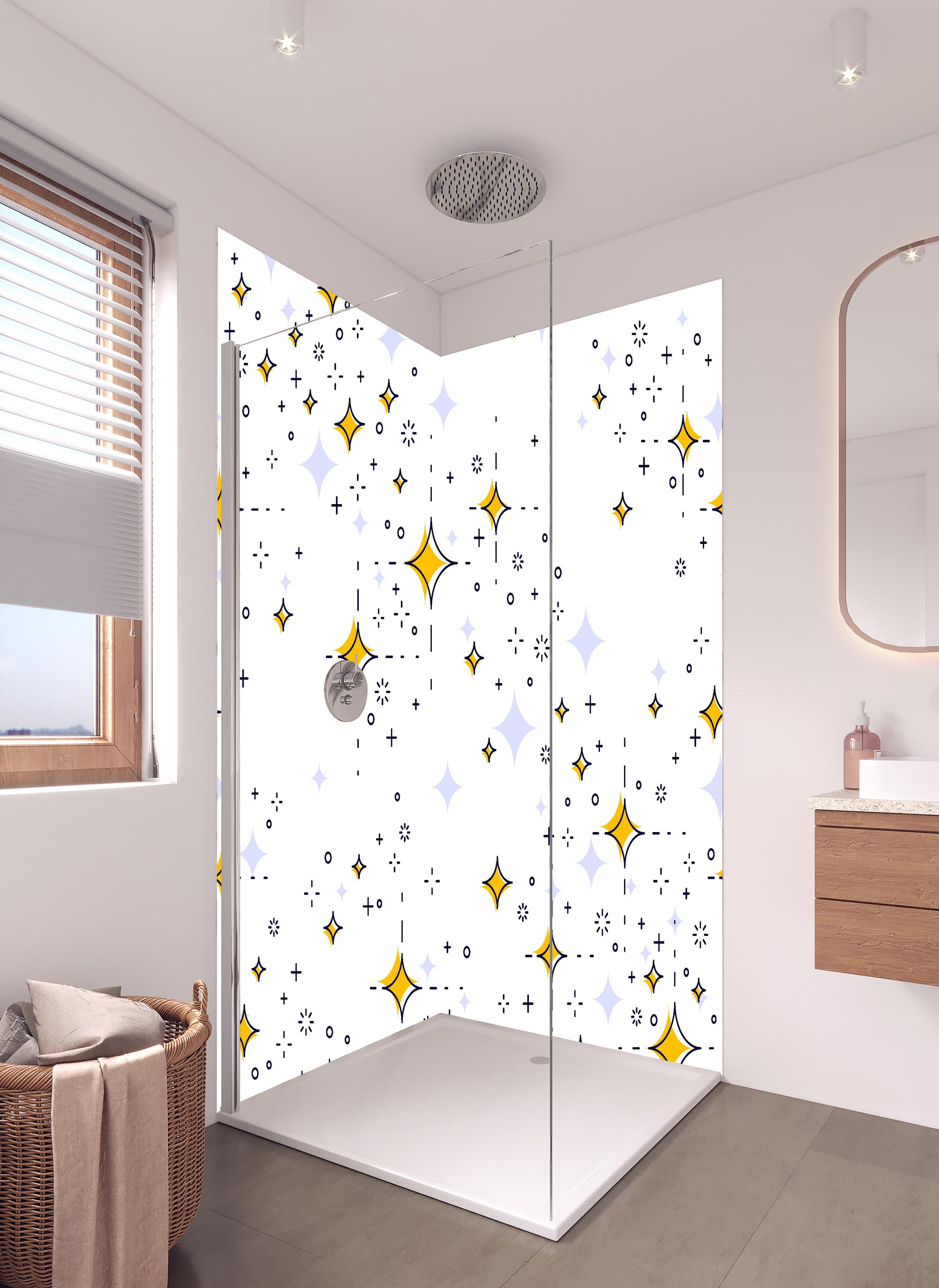 Duschrückwand - Leuchtend Gelb-Weißes Sternenmuster Design in hellem Badezimmer mit Regenduschkopf - zweiteilige Eck-Duschrückwand