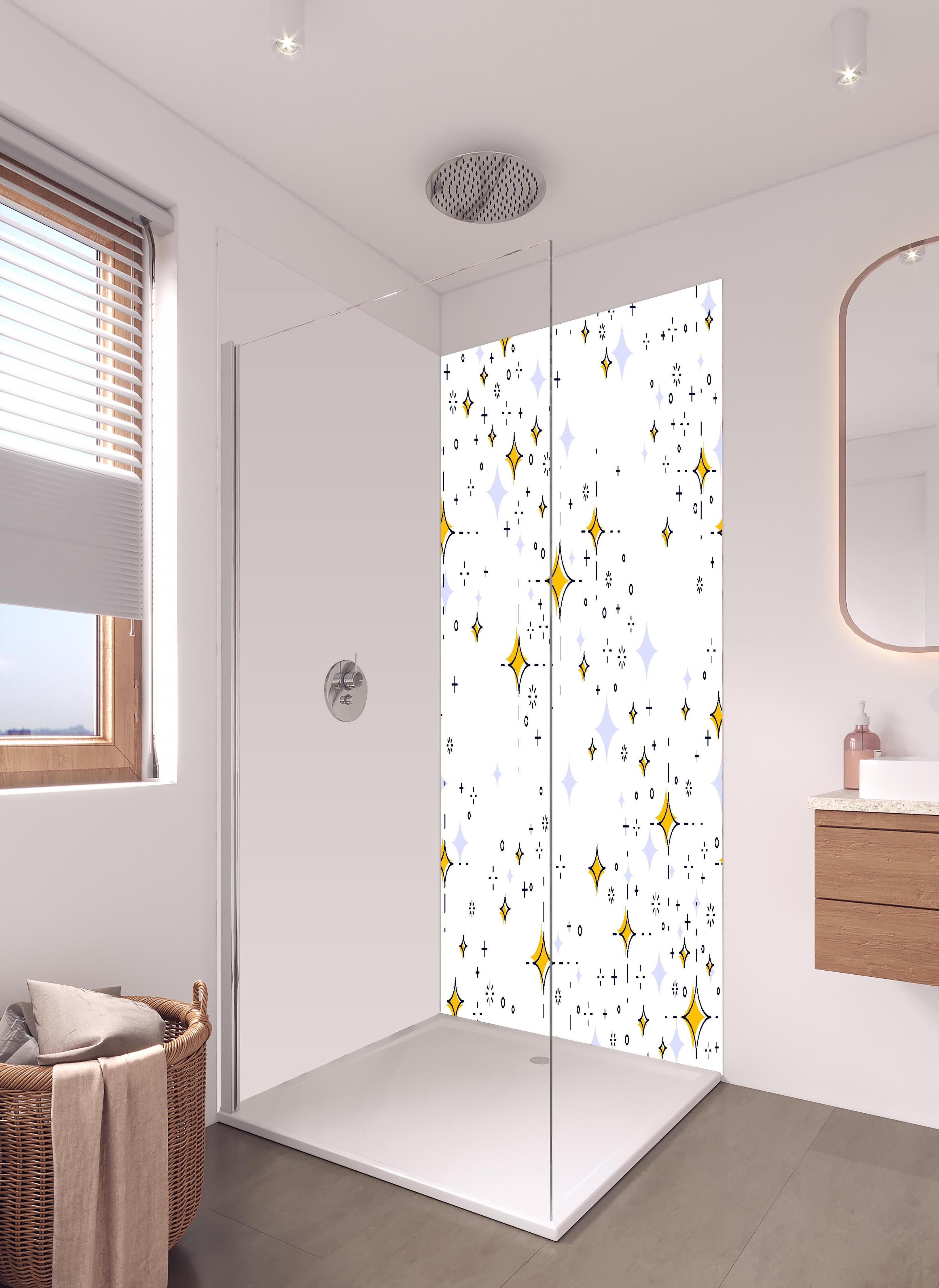 Duschrückwand - Leuchtend Gelb-Weißes Sternenmuster Design in hellem Badezimmer mit Regenduschkopf - zweiteilige Eck-Duschrückwand