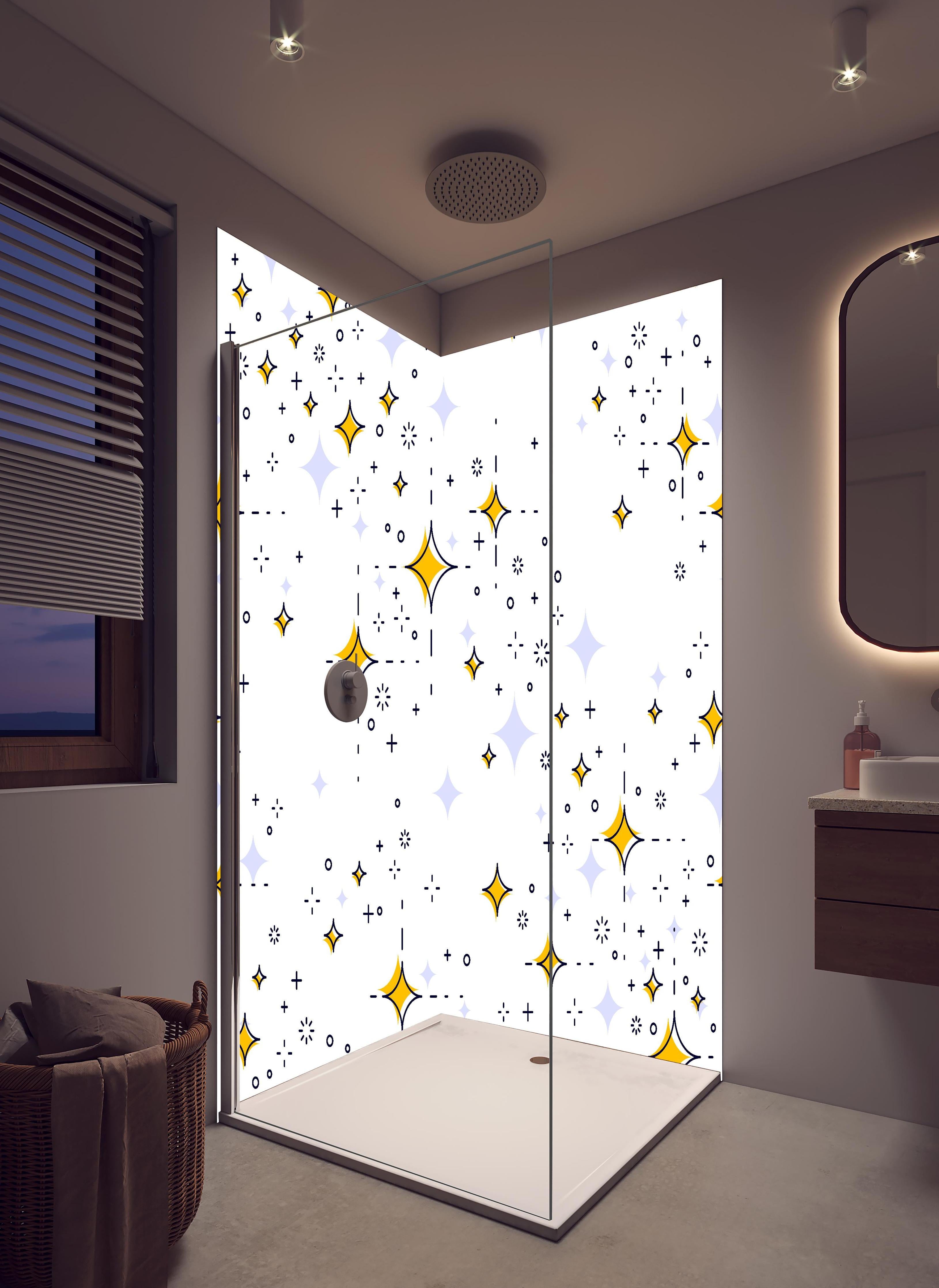 Duschrückwand - Leuchtend Gelb-Weißes Sternenmuster Design in hellem Badezimmer mit Regenduschkopf - zweiteilige Eck-Duschrückwand