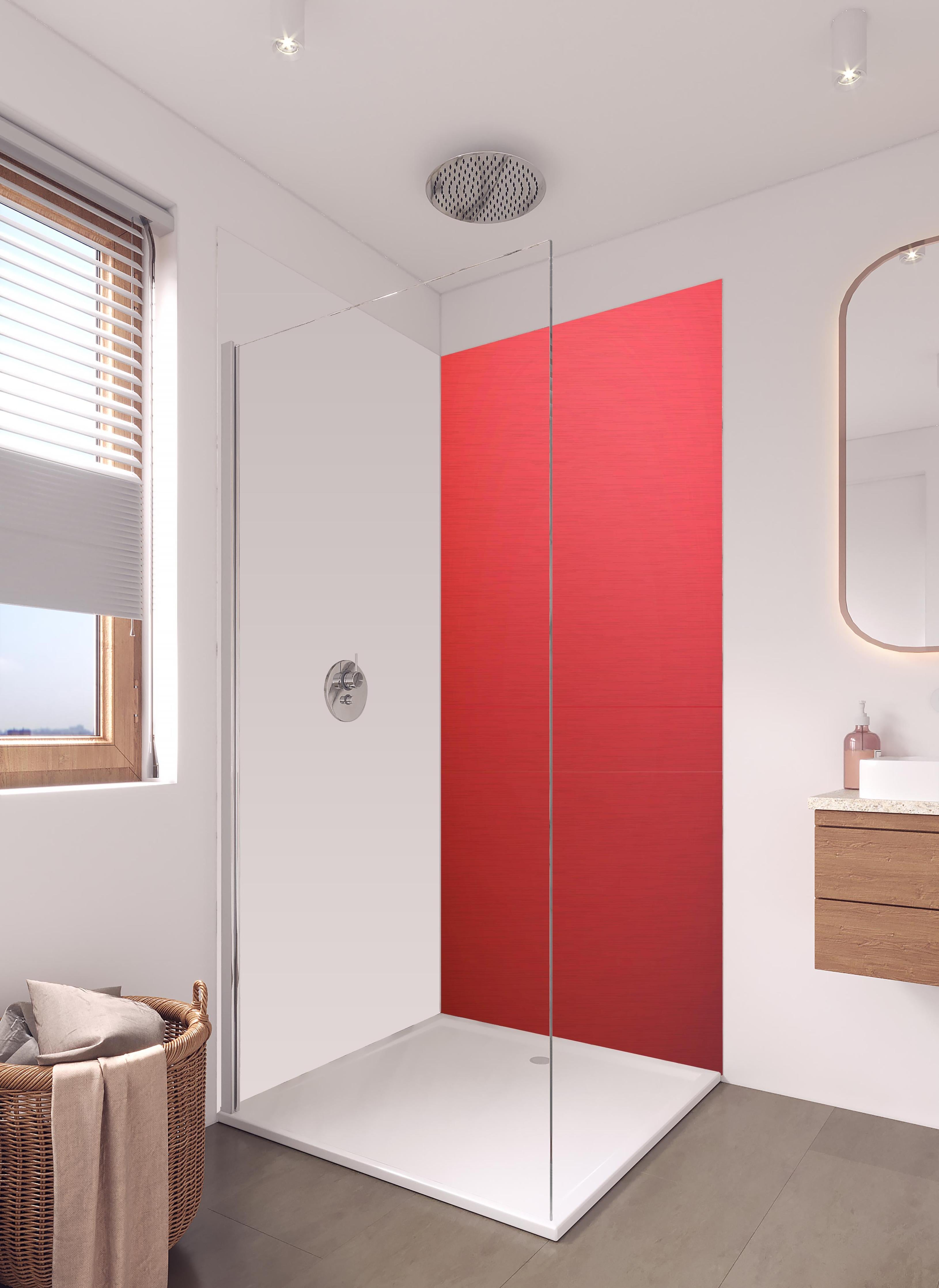 Duschrückwand - Leuchtend Rotes Unifarbenes Bild in hellem Badezimmer mit Regenduschkopf - zweiteilige Eck-Duschrückwand
