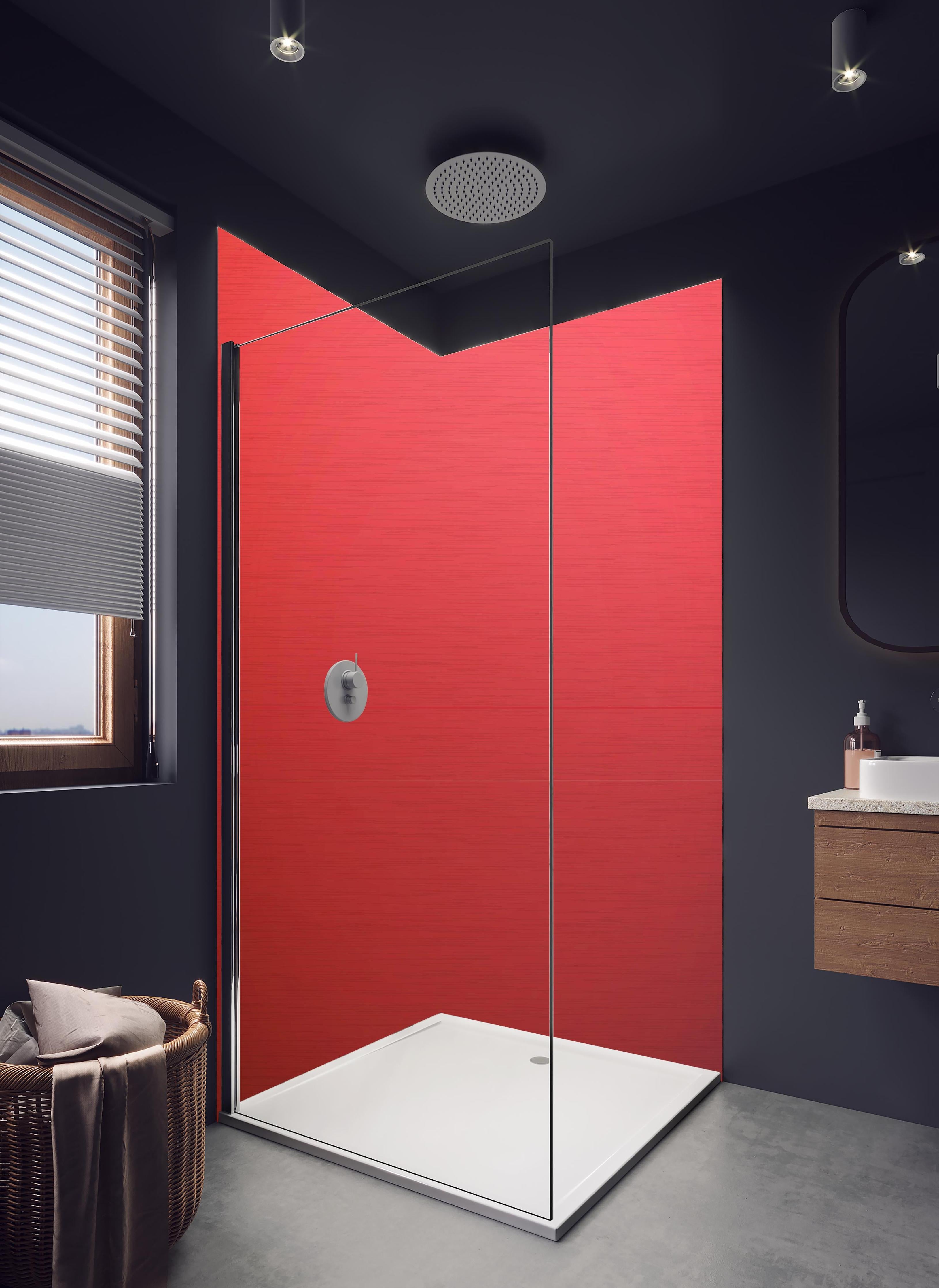 Duschrückwand - Leuchtend Rotes Unifarbenes Bild in hellem Badezimmer mit Regenduschkopf - zweiteilige Eck-Duschrückwand
