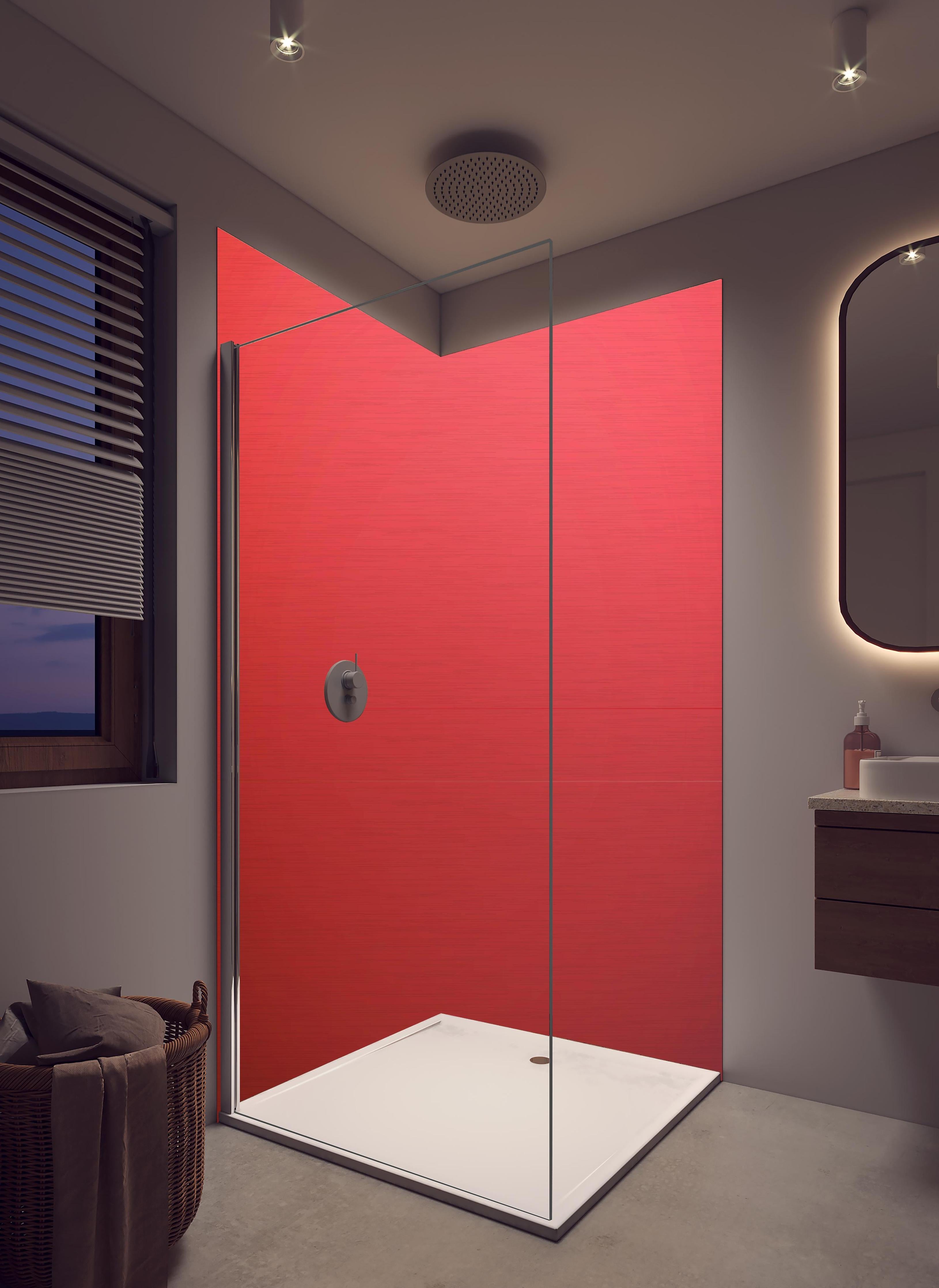Duschrückwand - Leuchtend Rotes Unifarbenes Bild in hellem Badezimmer mit Regenduschkopf - zweiteilige Eck-Duschrückwand