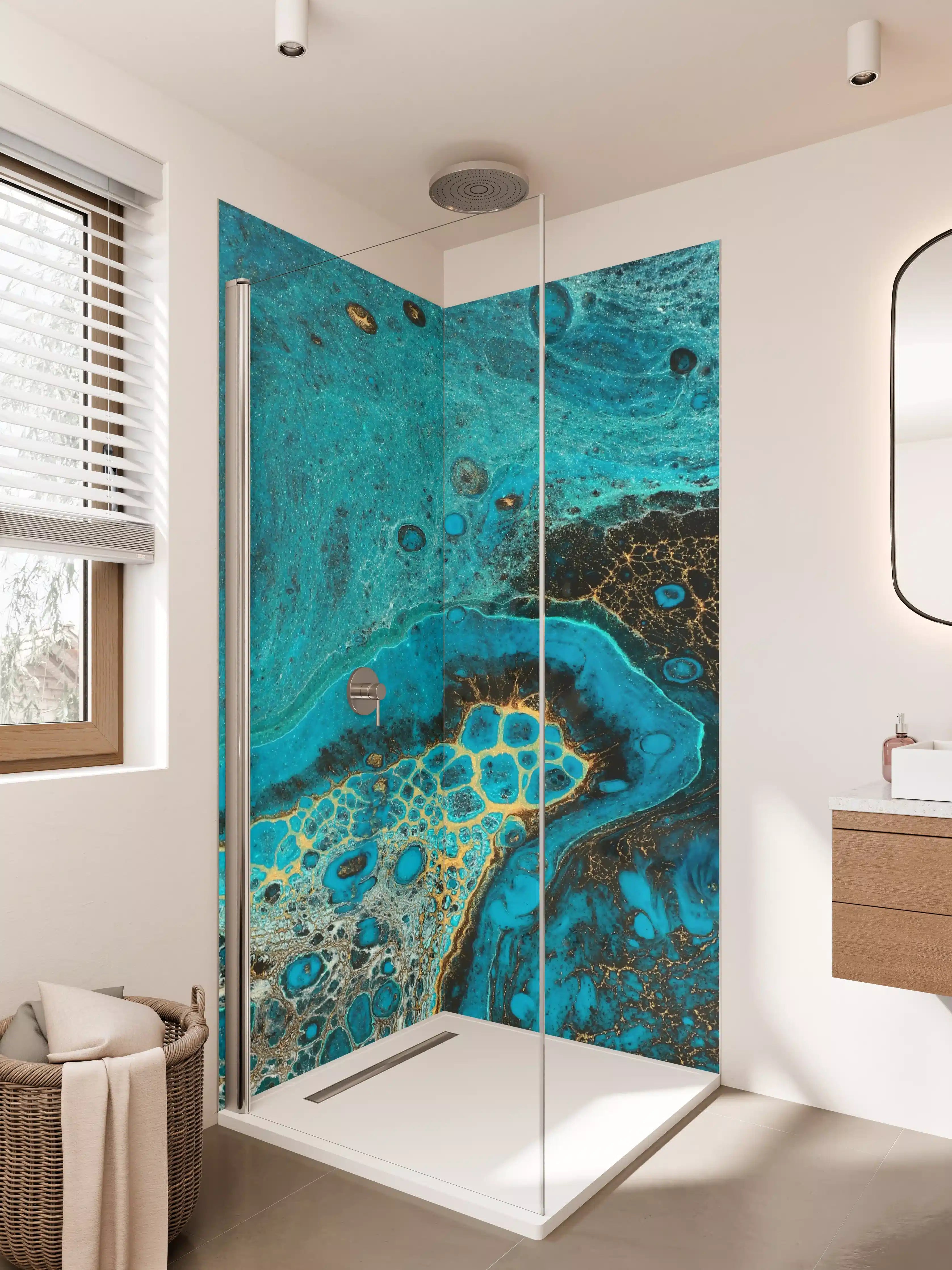 Duschrückwand - Leuchtendes Meeresmuster in Blau und Gold