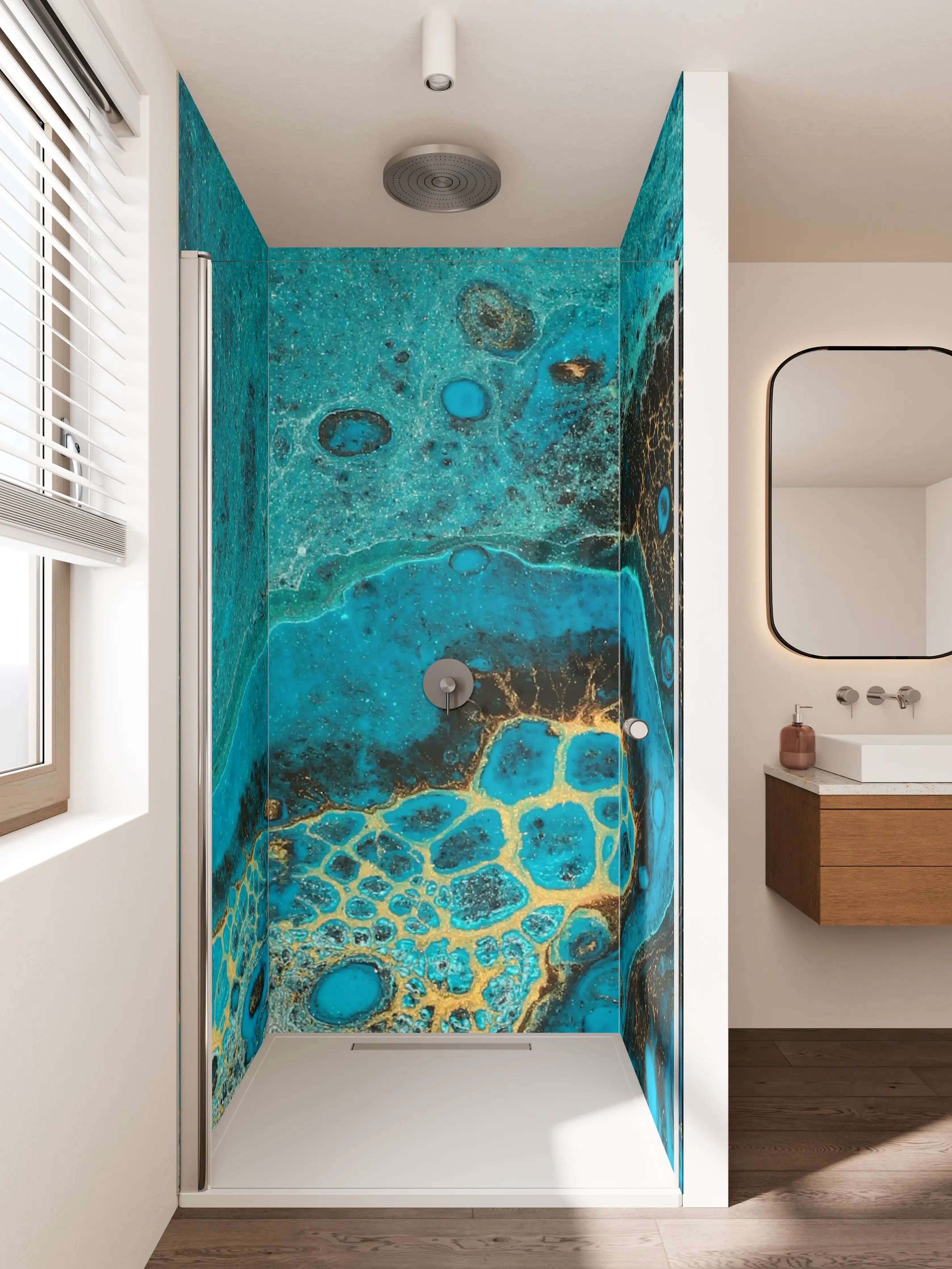 Duschrückwand - Leuchtendes Meeresmuster in Blau und Gold