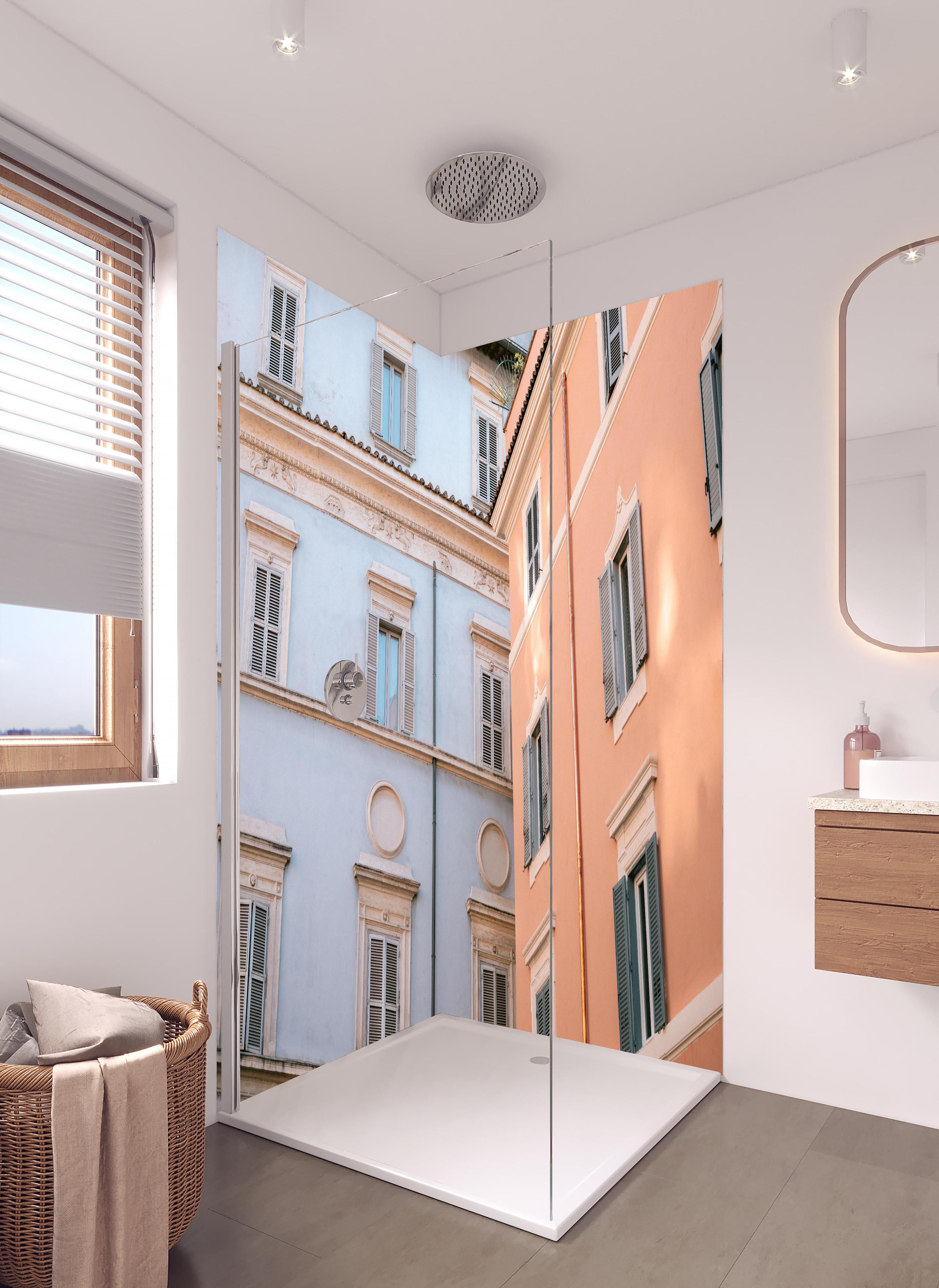 Duschrückwand - Lilac and Pink Fassadenblick im Stadtviertel in hellem Badezimmer mit Regenduschkopf - zweiteilige Eck-Duschrückwand