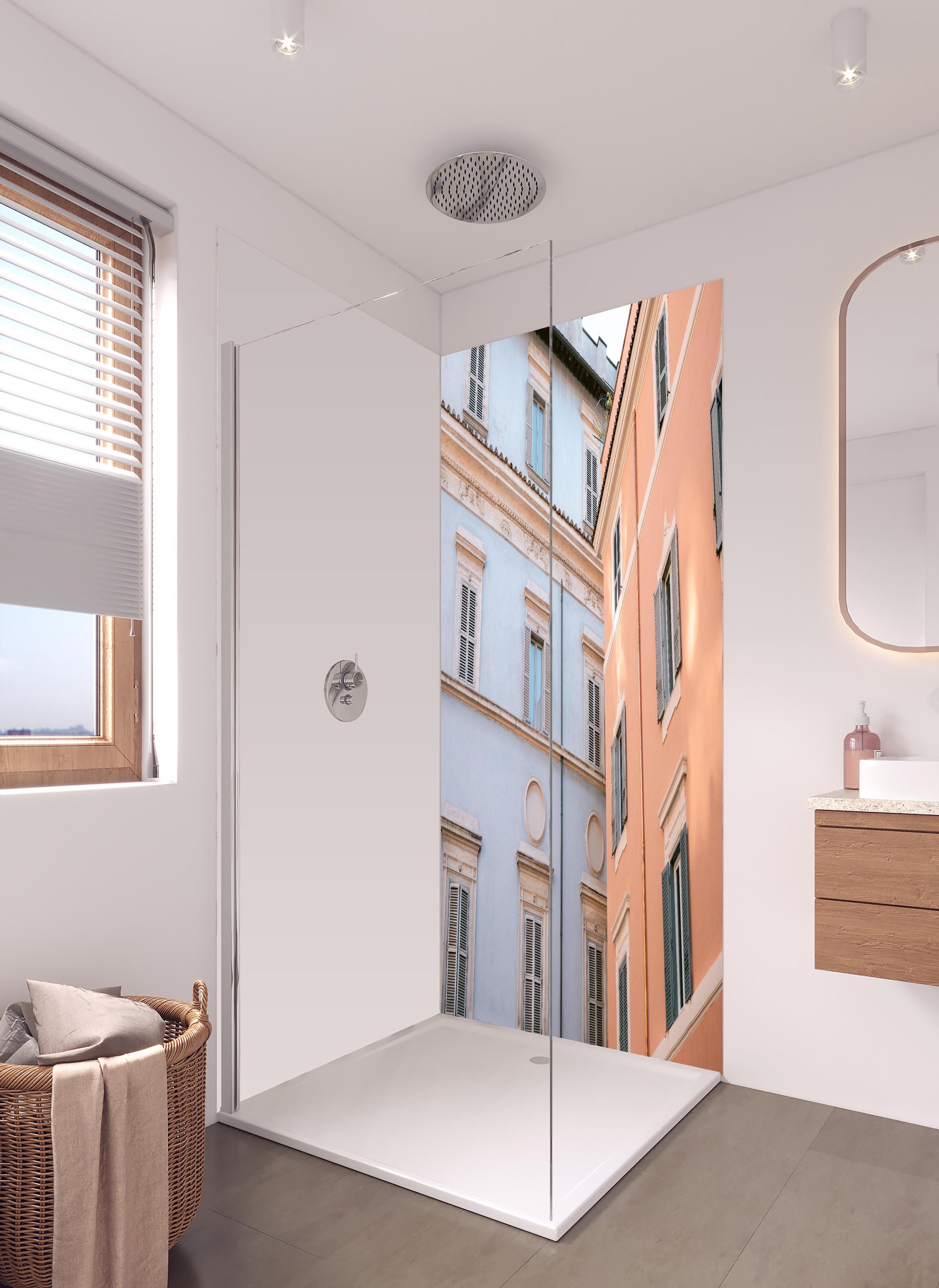 Duschrückwand - Lilac and Pink Fassadenblick im Stadtviertel in hellem Badezimmer mit Regenduschkopf - zweiteilige Eck-Duschrückwand