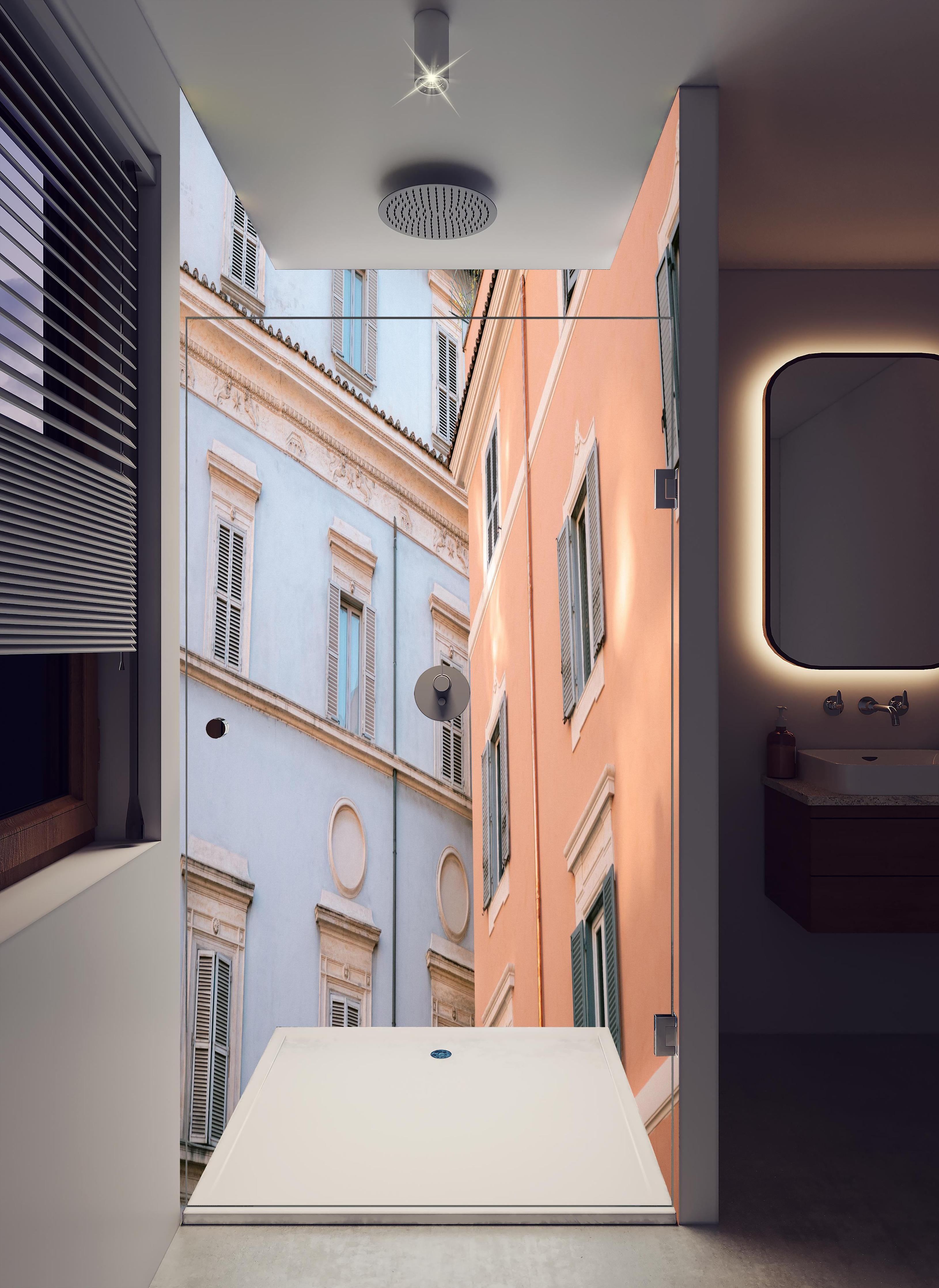 Duschrückwand - Lilac and Pink Fassadenblick im Stadtviertel in hellem Badezimmer mit Regenduschkopf - zweiteilige Eck-Duschrückwand