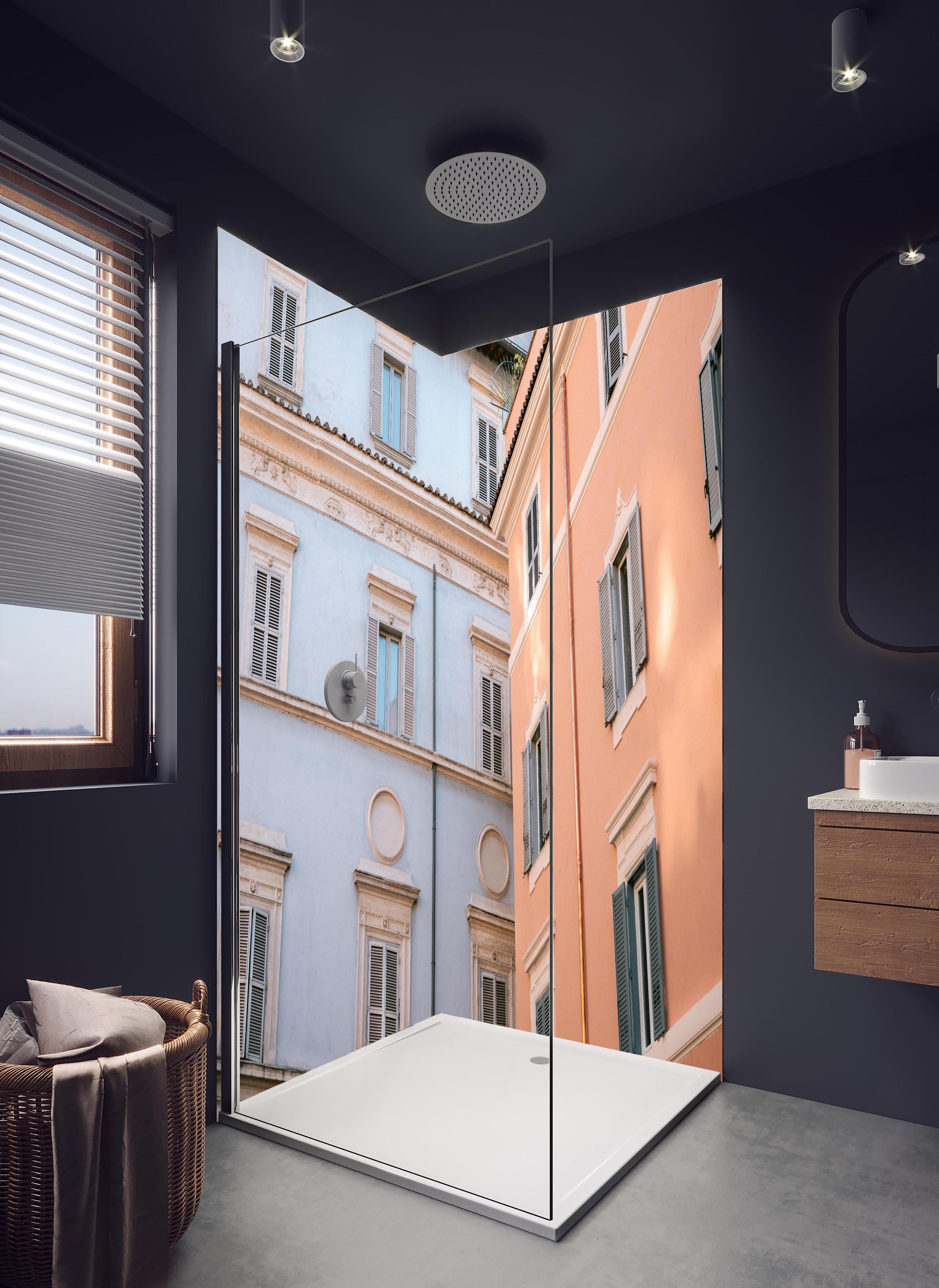 Duschrückwand - Lilac and Pink Fassadenblick im Stadtviertel in hellem Badezimmer mit Regenduschkopf - zweiteilige Eck-Duschrückwand