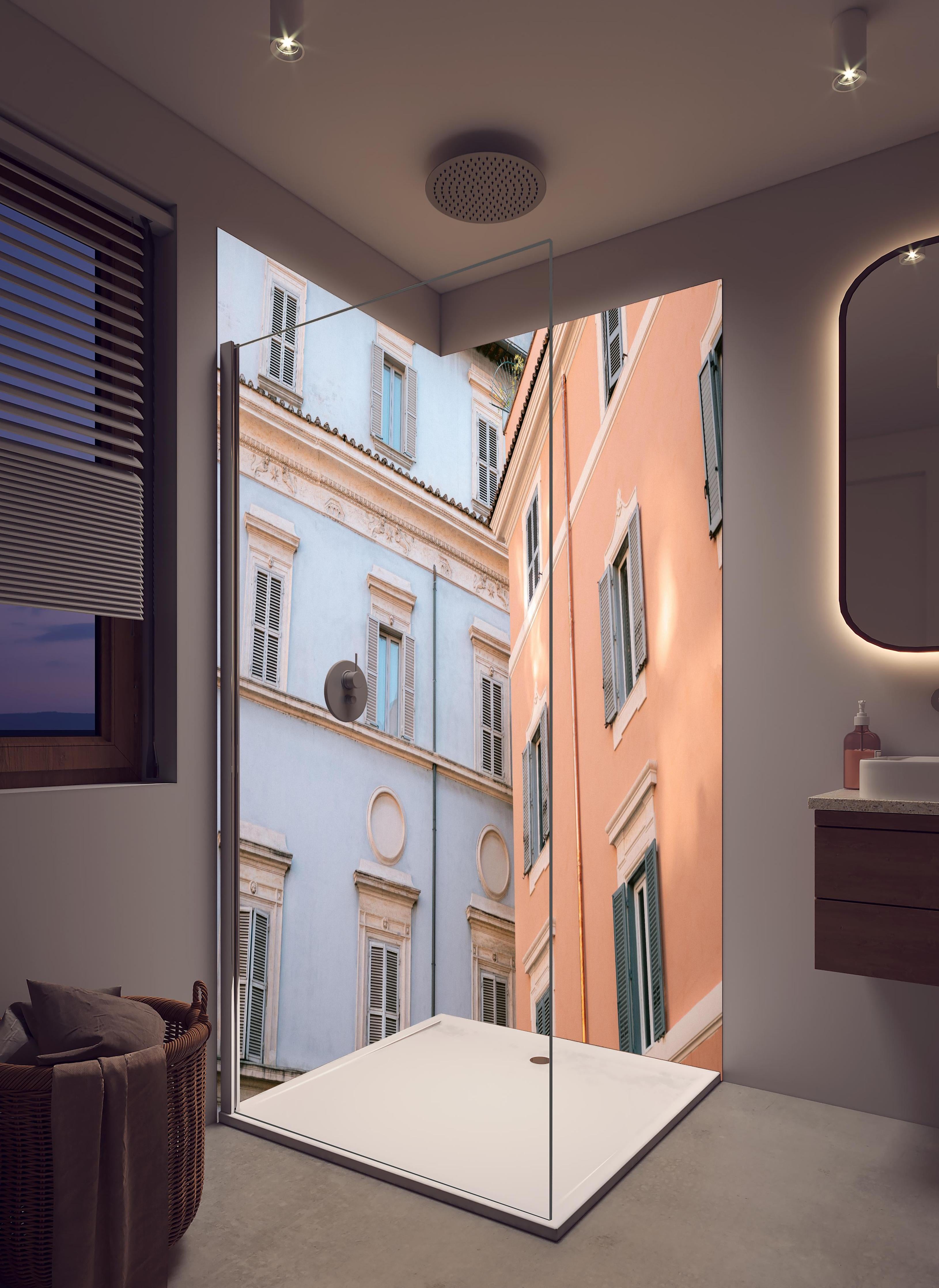 Duschrückwand - Lilac and Pink Fassadenblick im Stadtviertel in hellem Badezimmer mit Regenduschkopf - zweiteilige Eck-Duschrückwand