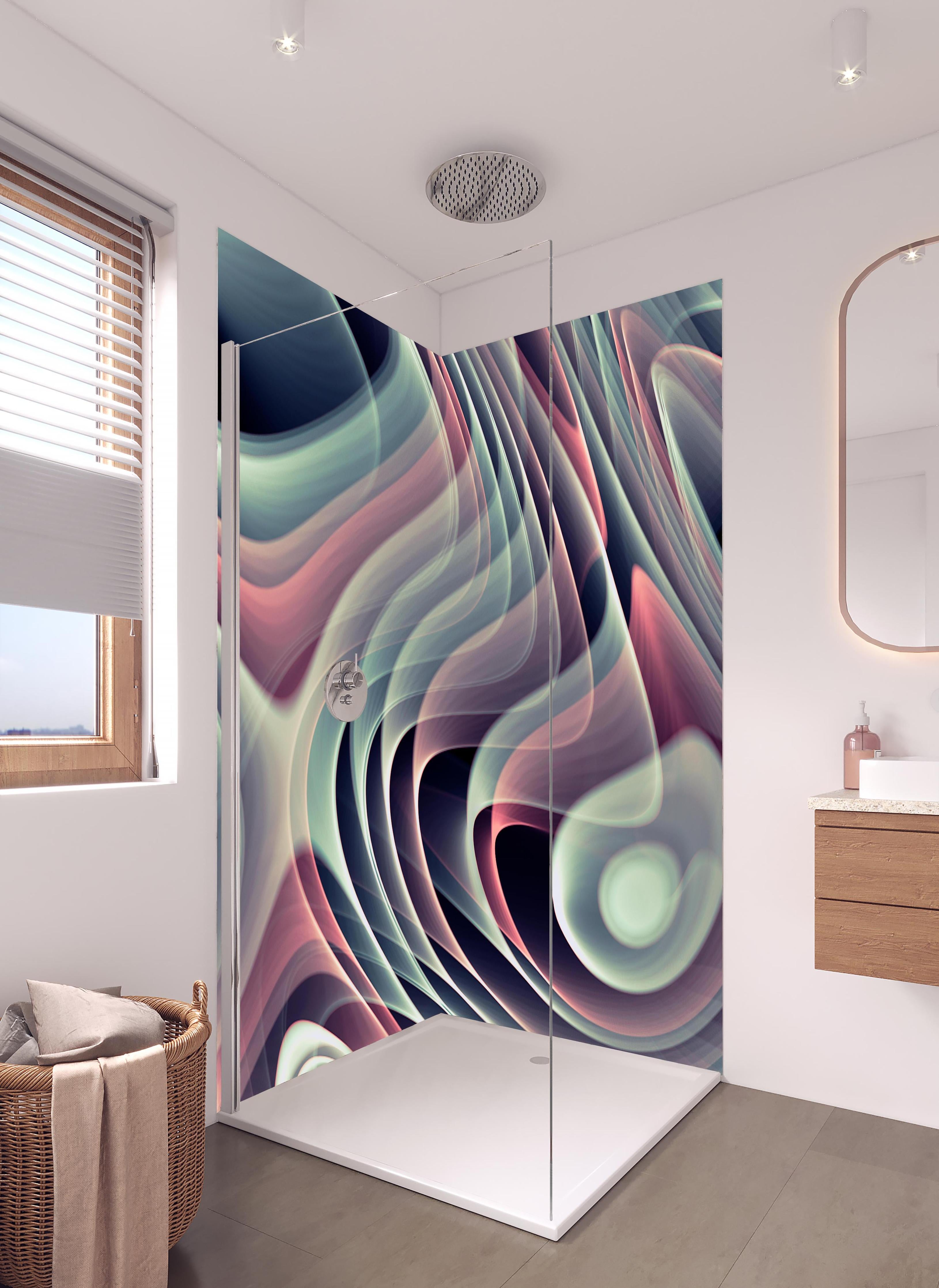 Duschrückwand - Linienartiger Hintergrund - Abstrakt in hellem Badezimmer mit Regenduschkopf - zweiteilige Eck-Duschrückwand