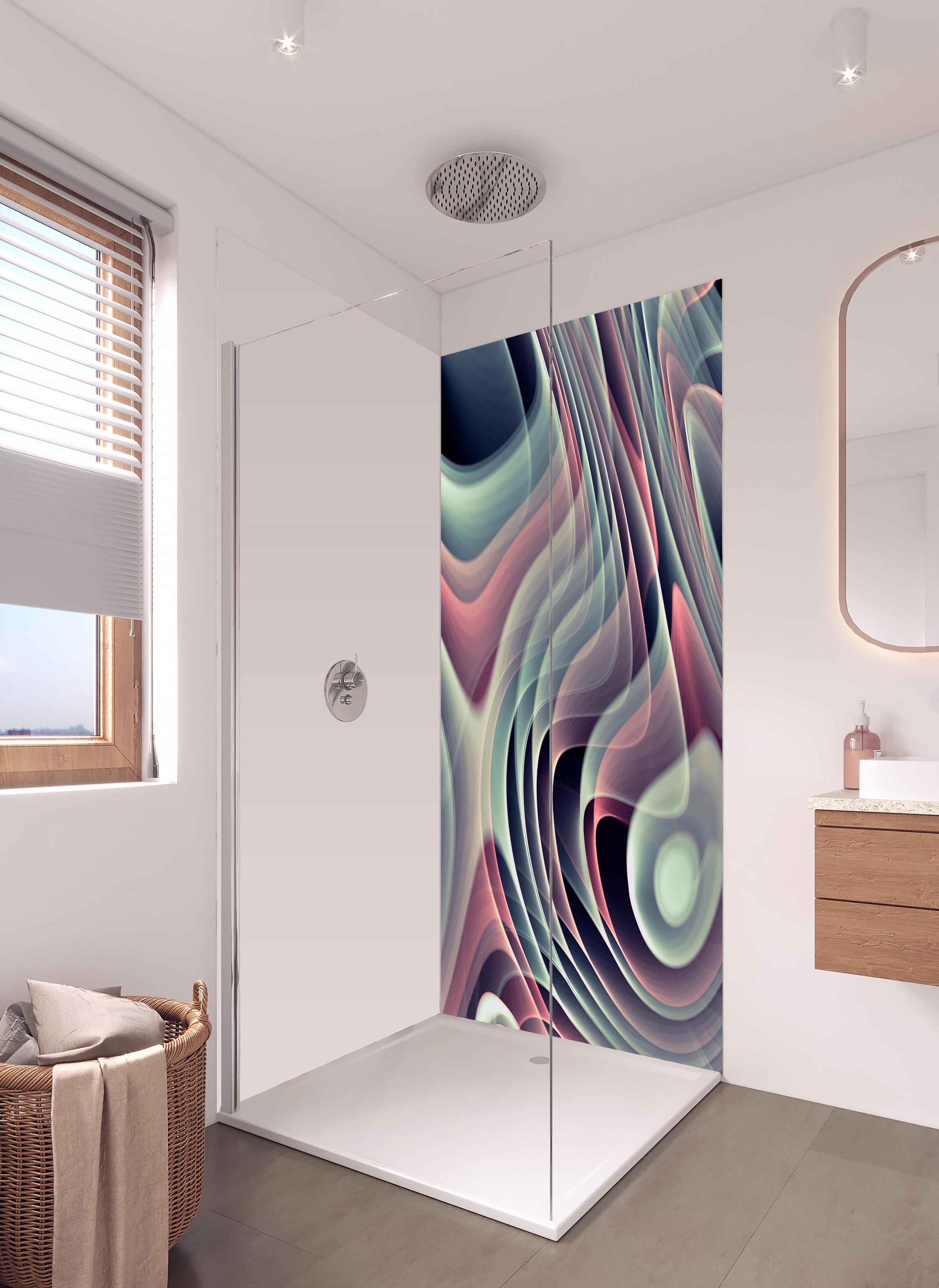 Duschrückwand - Linienartiger Hintergrund - Abstrakt in hellem Badezimmer mit Regenduschkopf - zweiteilige Eck-Duschrückwand