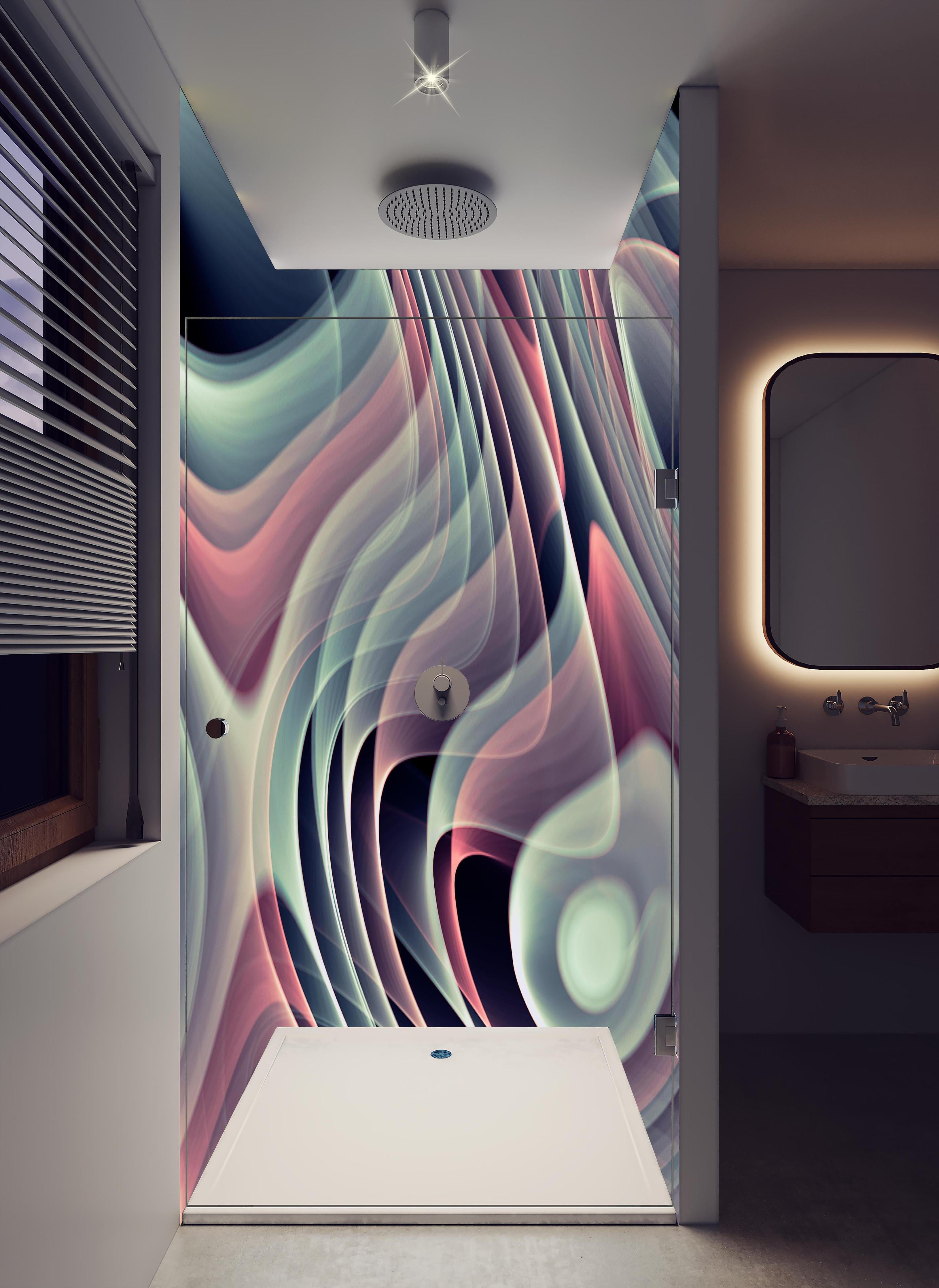 Duschrückwand - Linienartiger Hintergrund - Abstrakt in hellem Badezimmer mit Regenduschkopf - zweiteilige Eck-Duschrückwand